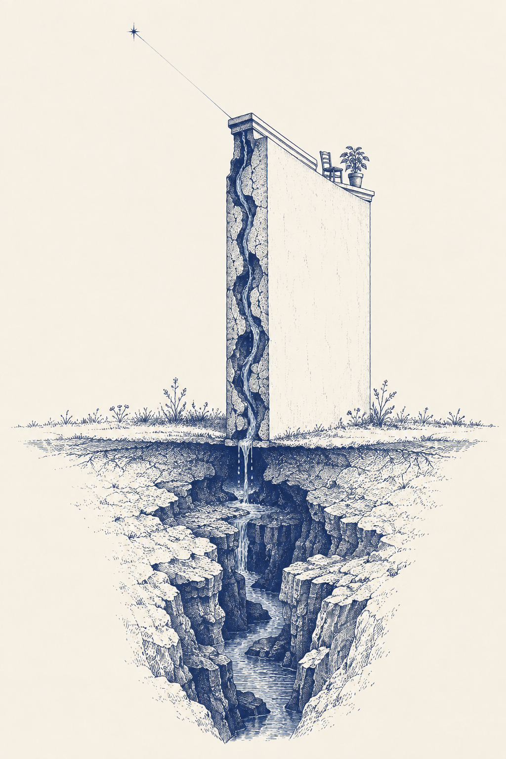 Navy ink cutaway illustration of water moving through a wall into an underground hollow.