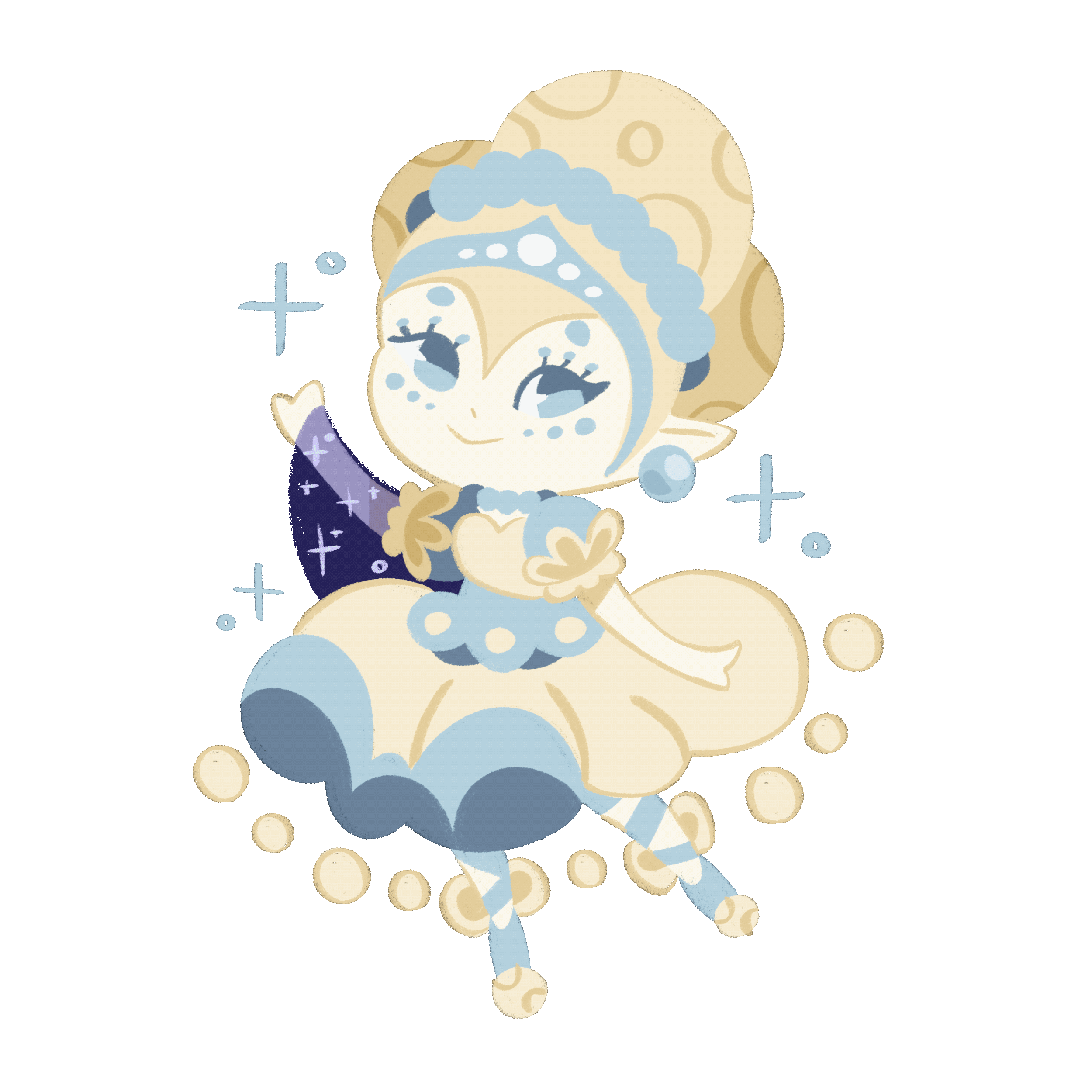 An animation of Luna with sparkles moving up and down as she blinks.