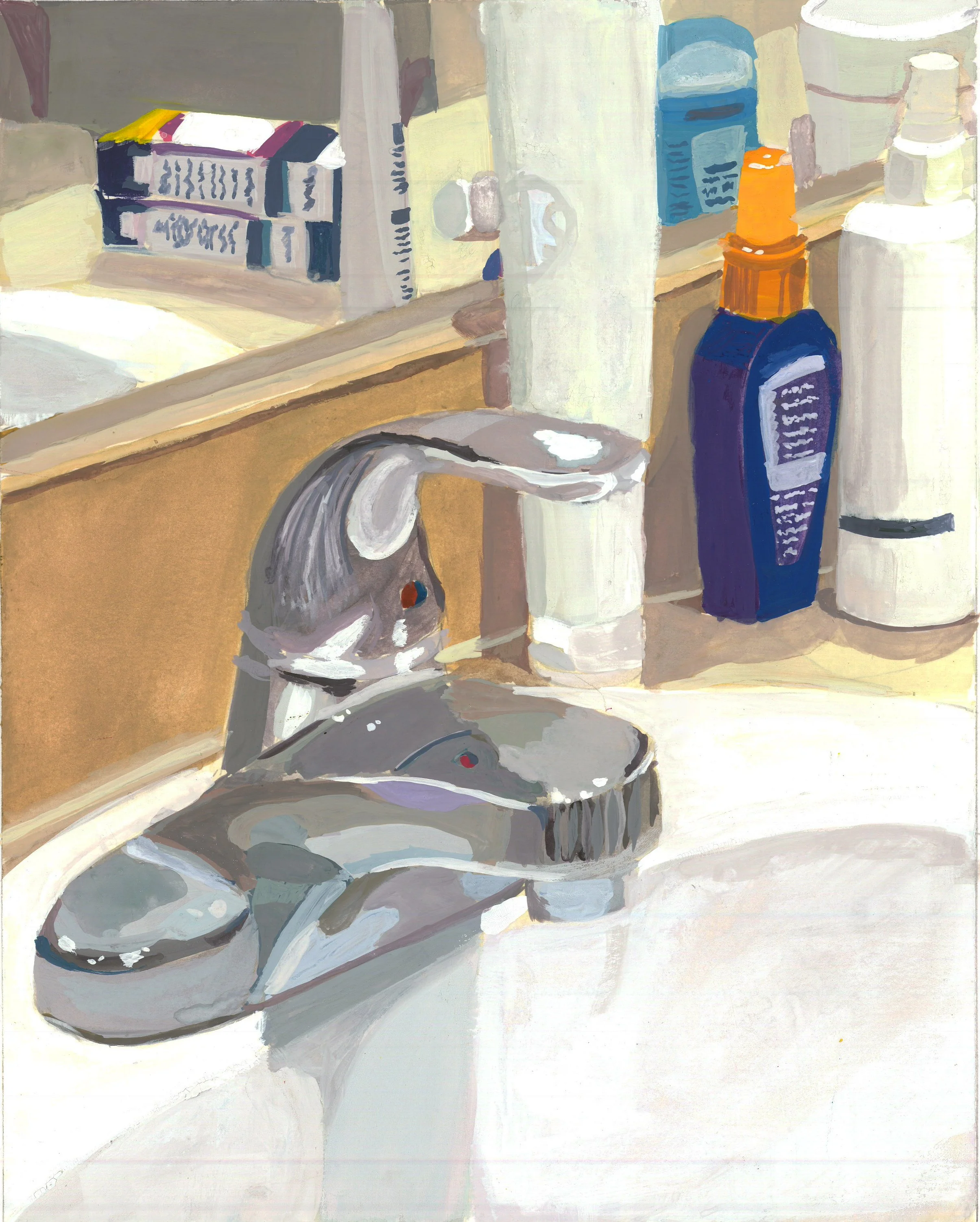 A bathroom sink with a silver faucet, surrounded by toiletries including a blue and orange bottle, a white bottle, and deodorant. A mirror shows a reflection of the scene. 