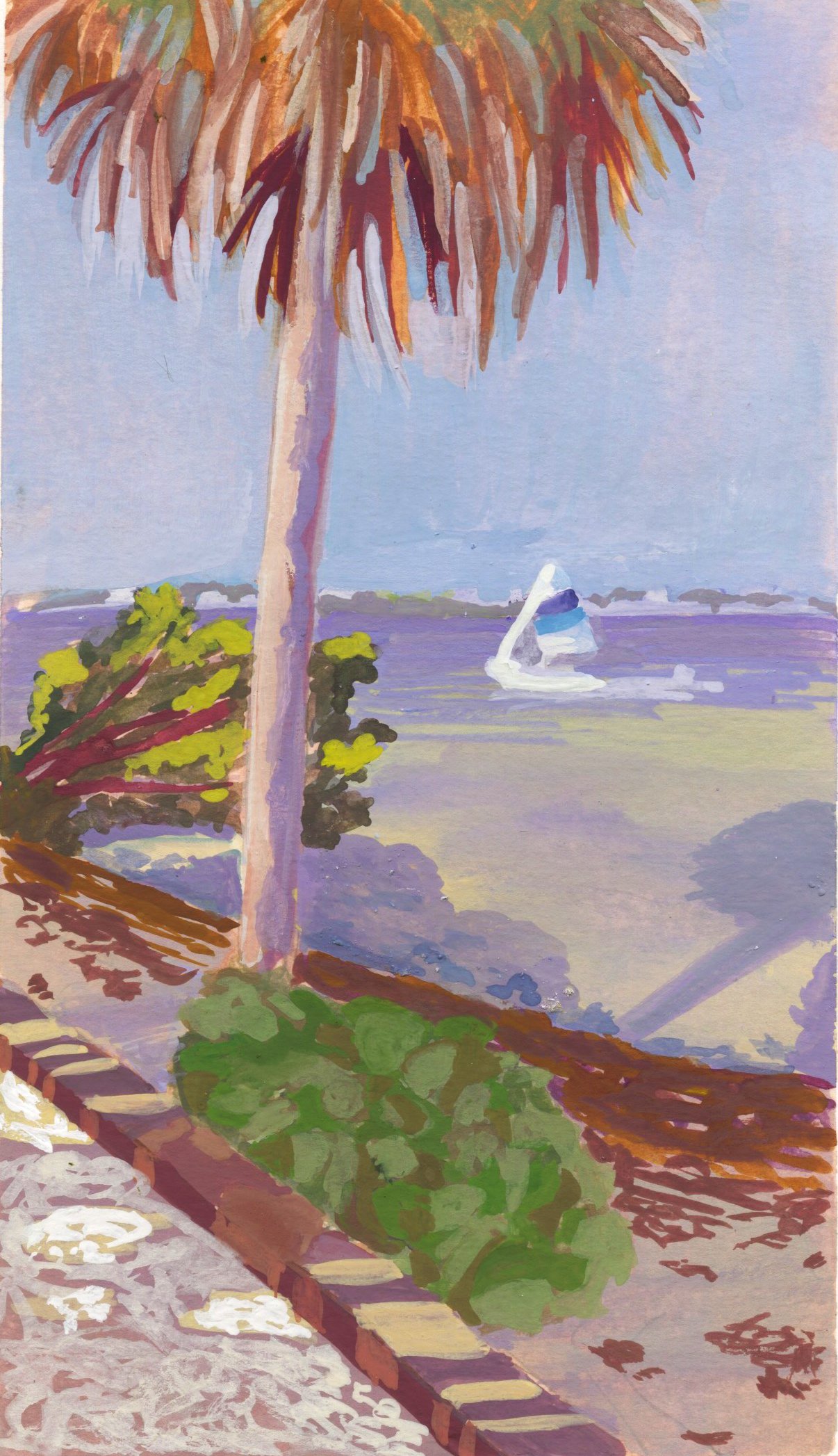 A painting of a beach scene with a palm tree in the foreground, a patch of green bushes, a brick border, and a sailboat on the water in the distance under a blue sky.