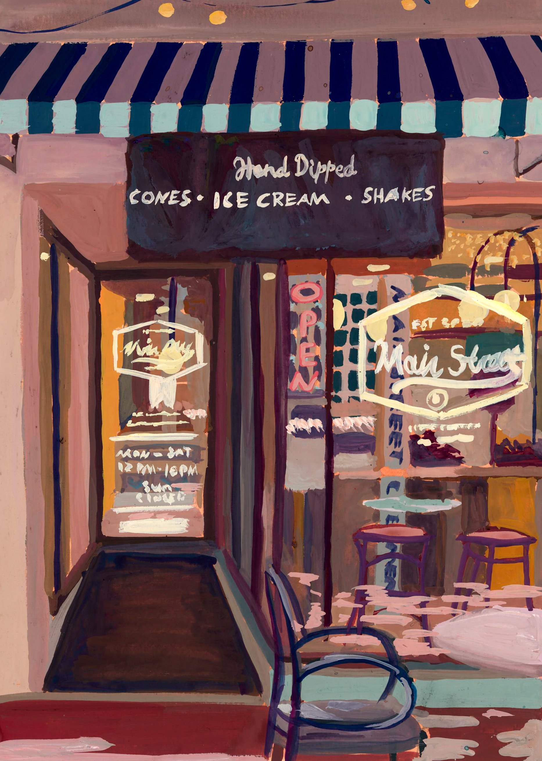 Painting of a cafe door with a dark sign that reads 'Hand Dipped, Cones, Ice Cream, Shakes'. There are chairs outside and a neon 'Open' sign with a brightly lit interior visible through the windows.