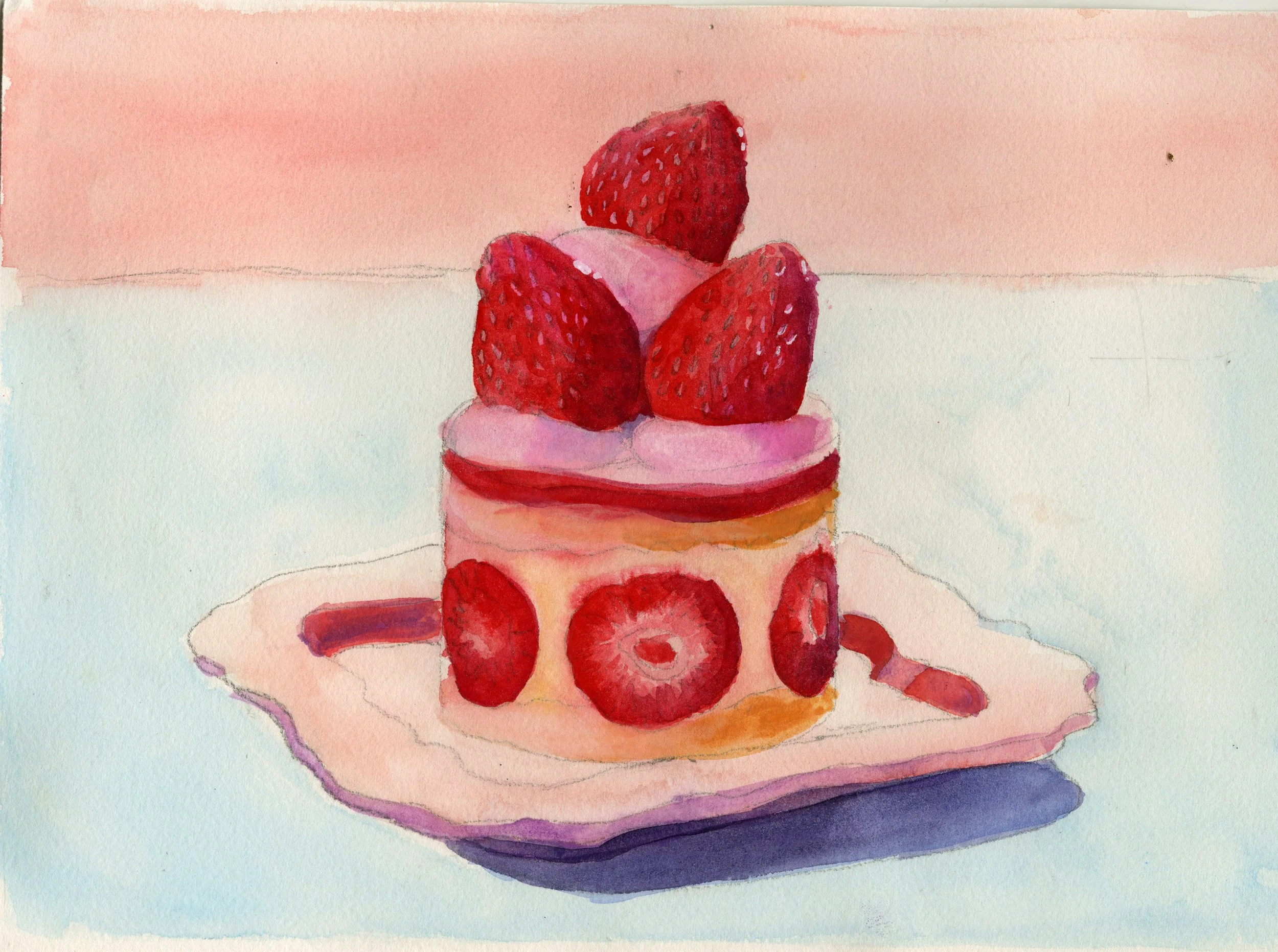 Watercolor painting of a layered strawberry dessert with sliced strawberries on top, served on a decorative plate.