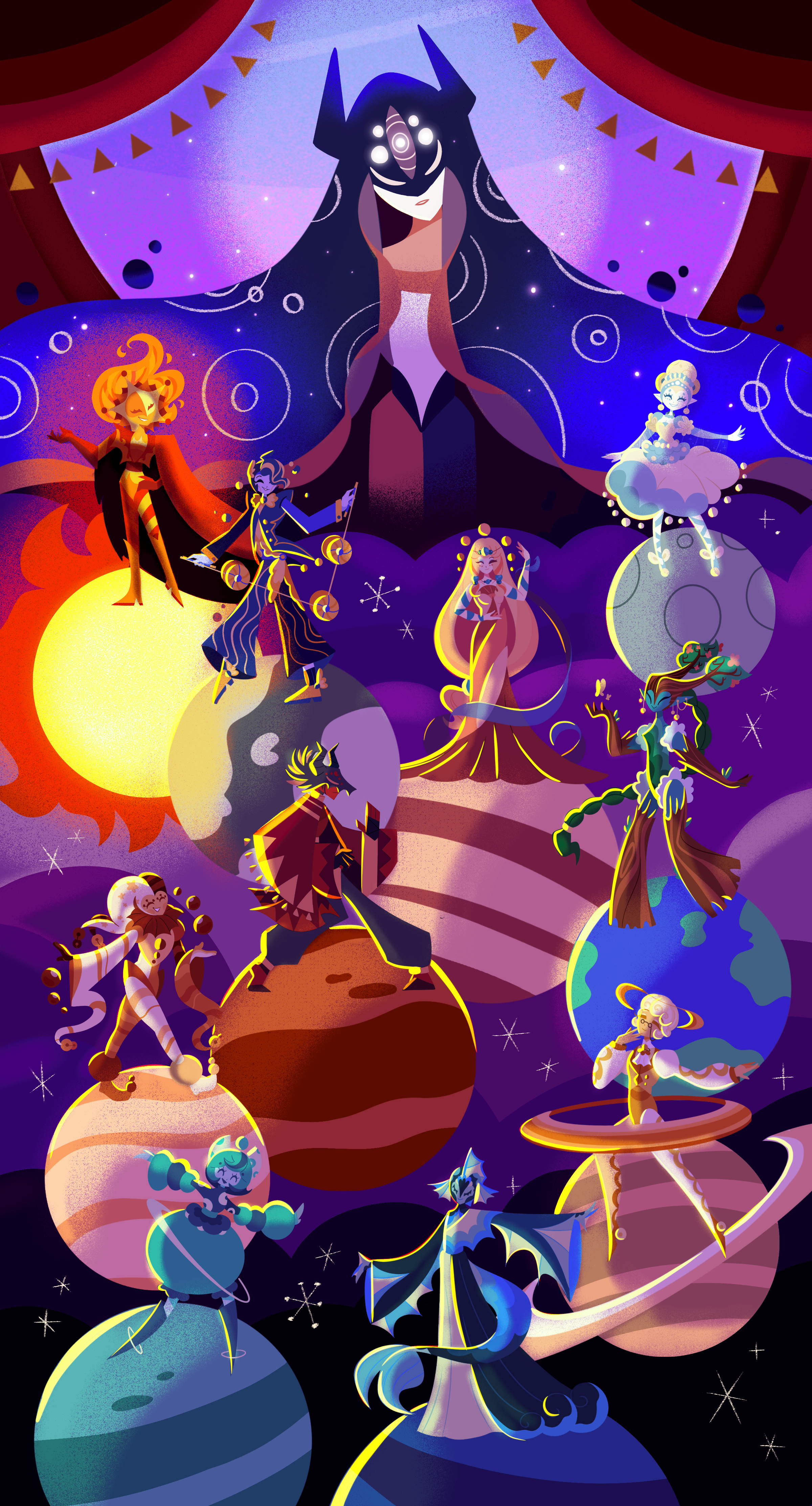 Red, draped curtains are beside a cloaked figure, the planets in order from the Sun to Neptune cascade downwards with characters on top of each. 