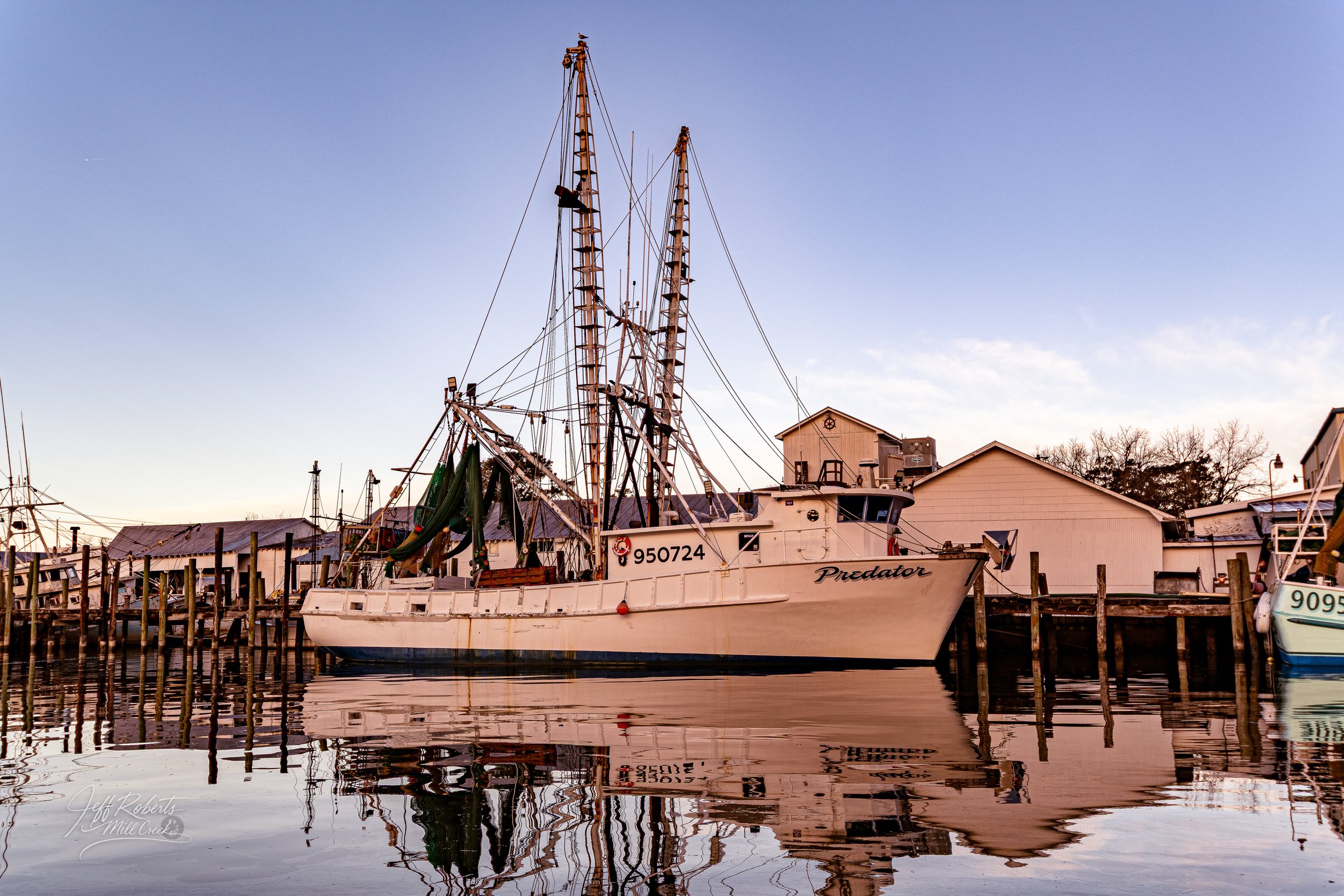 A white fishing boat named Predator docked at a marina with calm water that reflects the boat and the wooden pier. The boat has tall masts and rigging, with a backdrop of small buildings and a clear sky.
