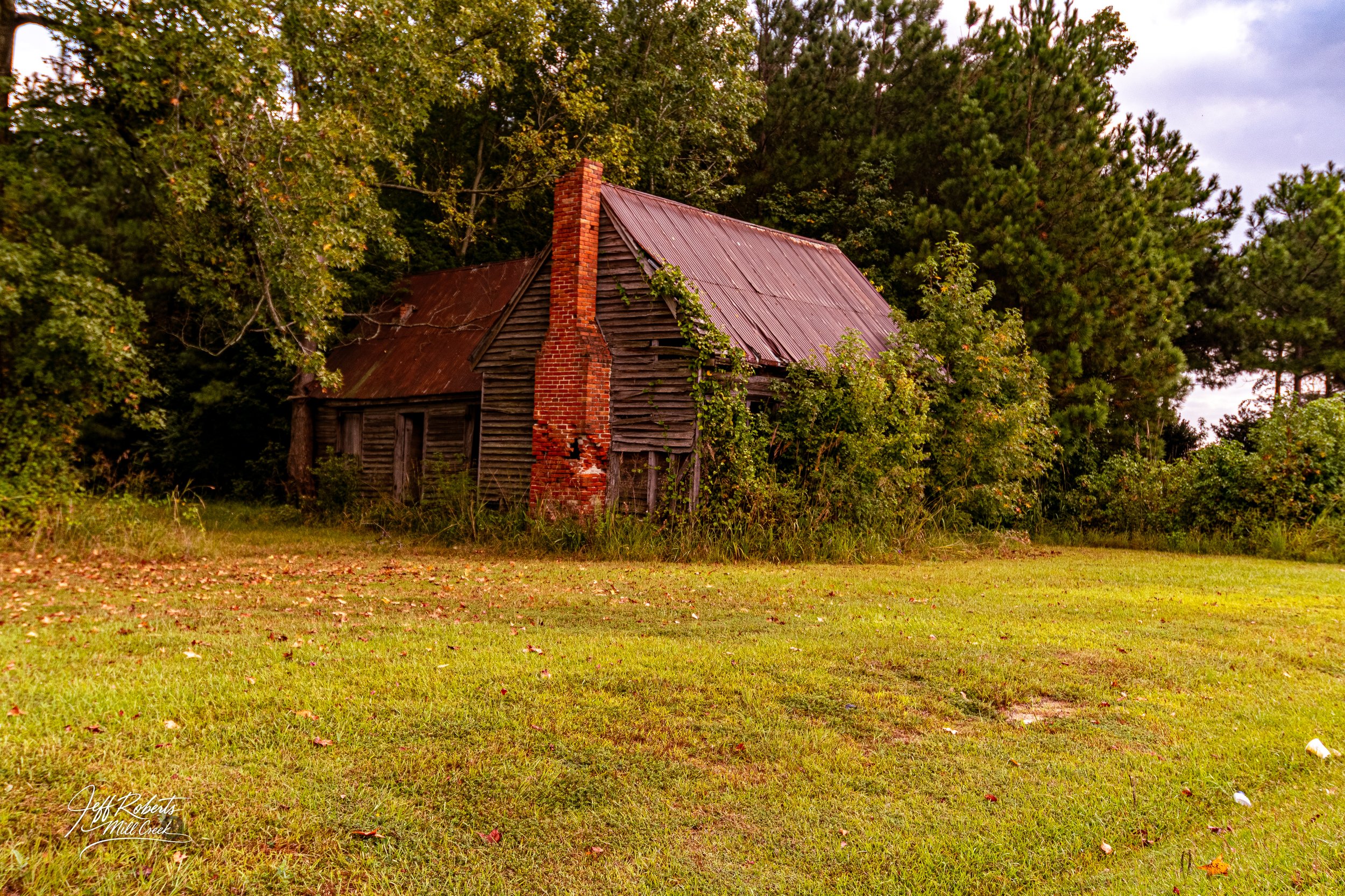 Old abandoned wooden house with a brick chimney, surrounded by overgrown bushes and trees, on a grassy field.
