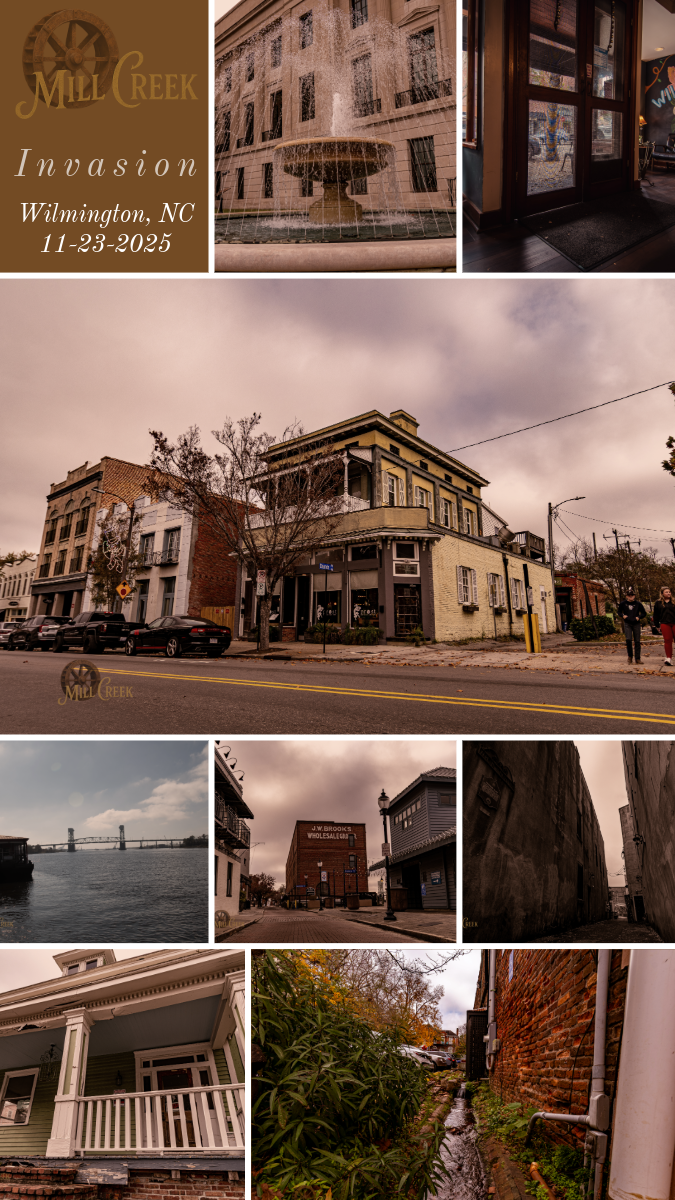 A collage of eight images featuring Wilmington, NC. It includes a building with a fountain, the entrance to a business, a historic street corner with buildings and cars, a bridge over water, a brick wholesale warehouse, a narrow alleyway, a porch with white railings, and a small stream beside a brick building.