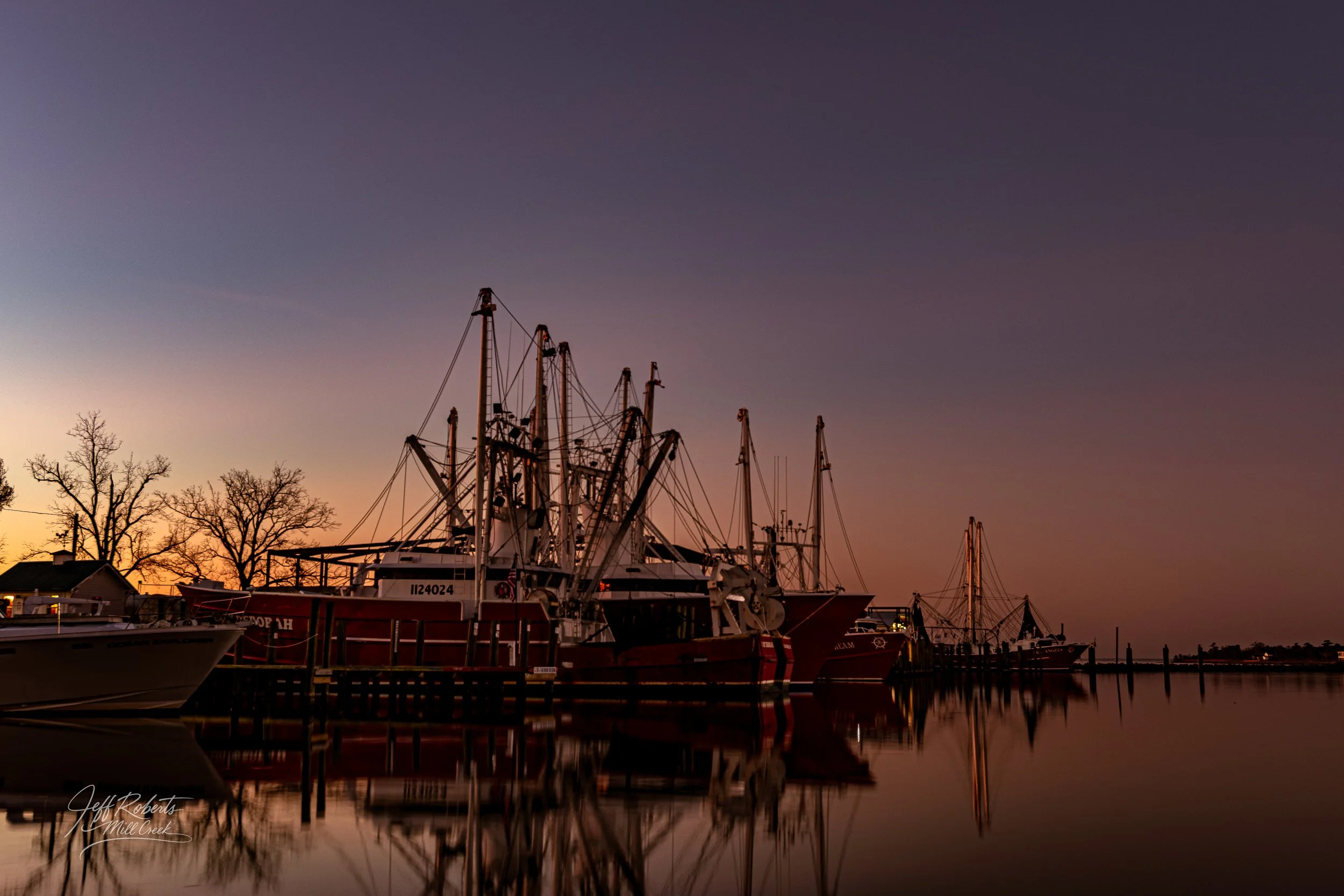 Boats docked at a marina during sunset with trees and water reflections.