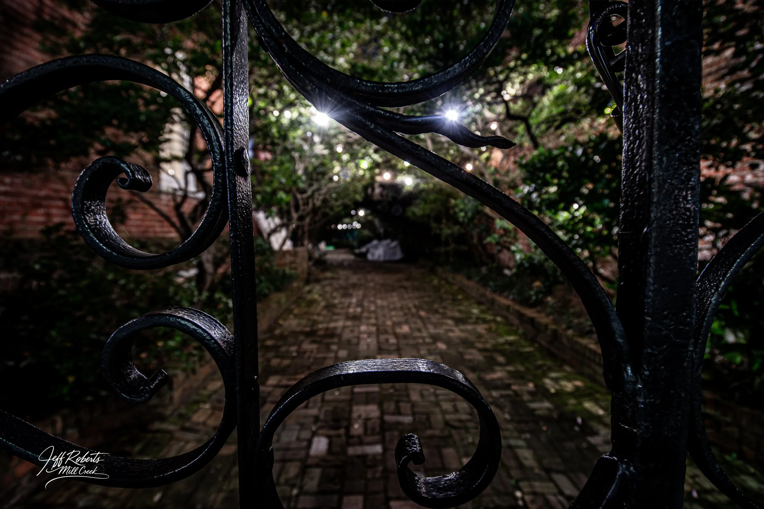Close-up view of a black wrought iron gate with a path and trees in the background.