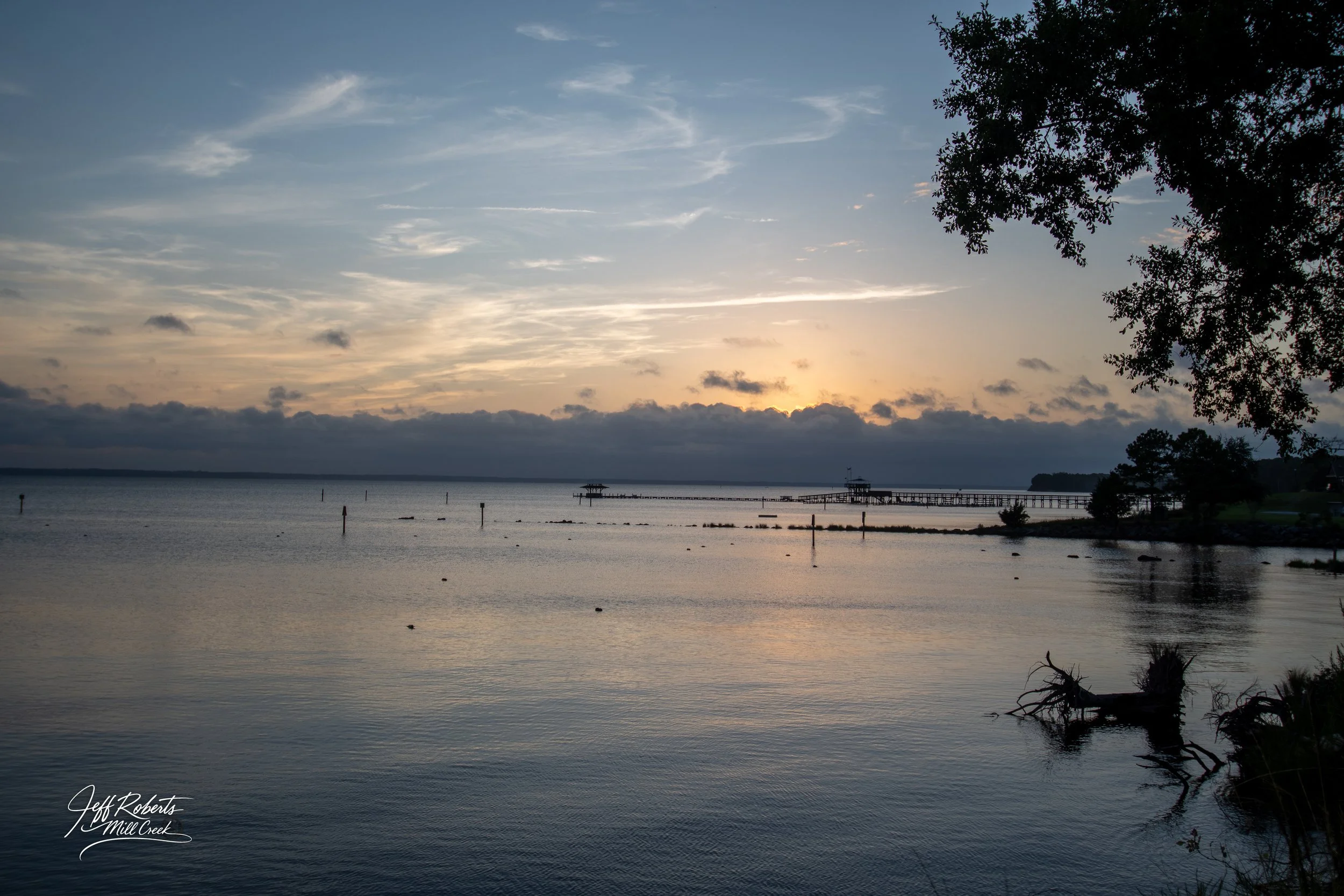 A serene lakeside scene at sunset with calm water, a dock extending into the lake, and a tree with overhanging branches on the right