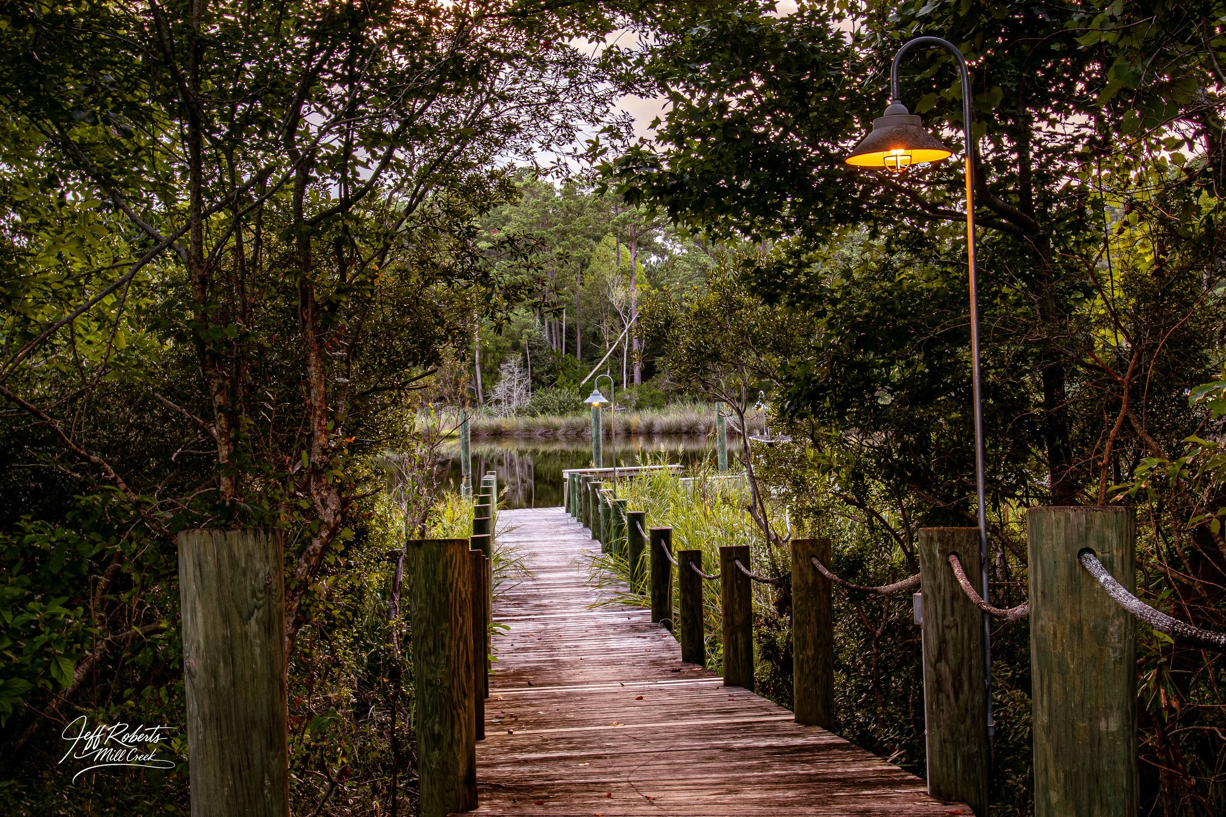 Wooden dock extending over a calm lake, surrounded by trees and greenery, with a few lamps illuminating the pathway during twilight.