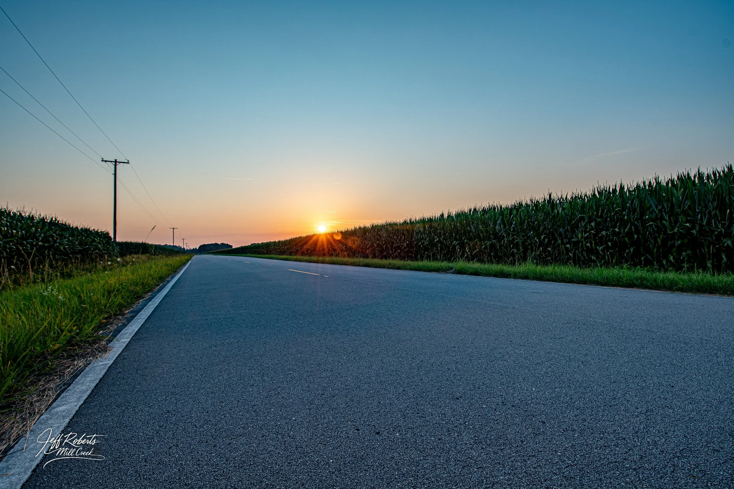 A rural road at sunset with power lines on the left side and cornfields on both sides.