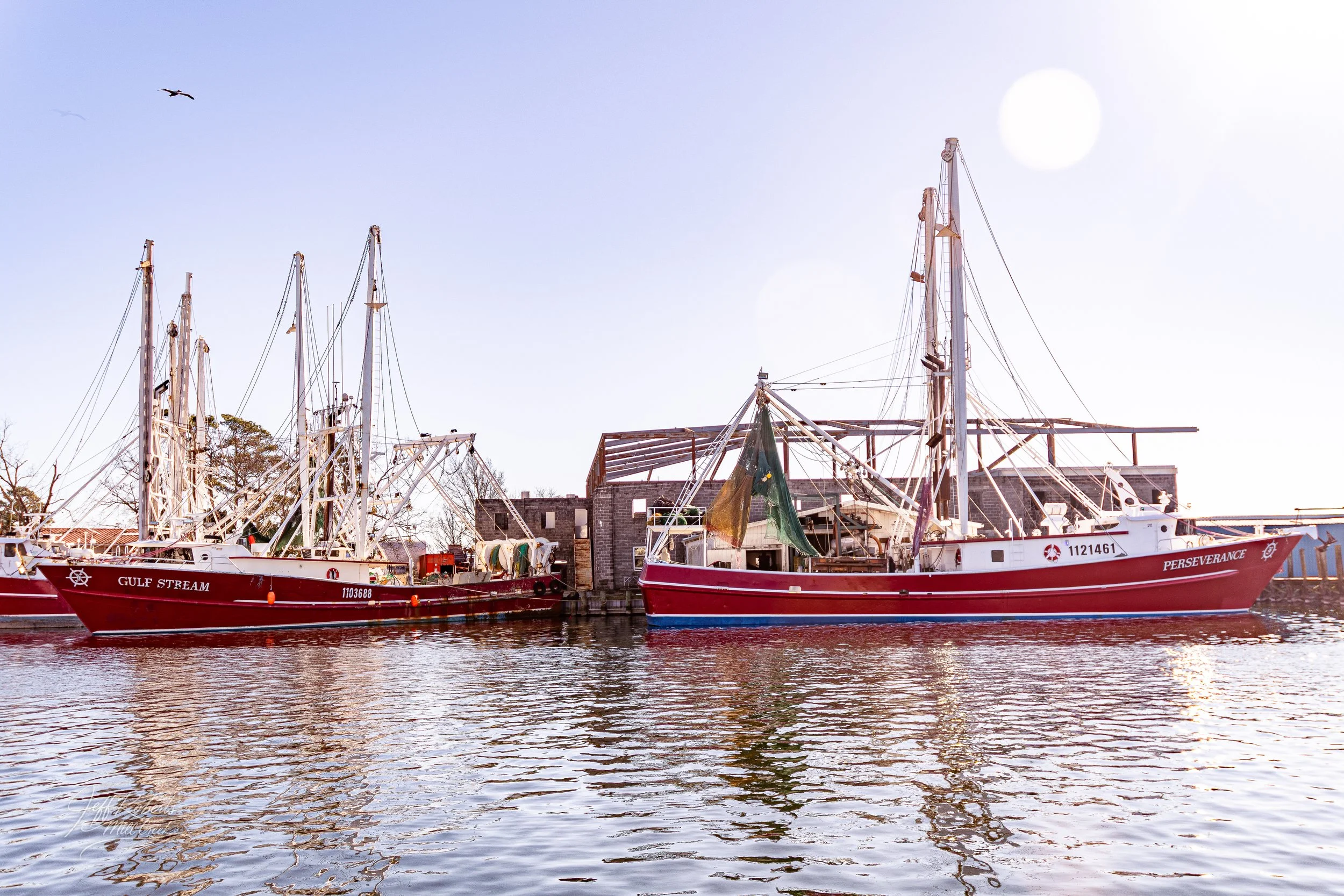 Two red boats docked at a pier with water reflecting the boats and a building under construction in the background. The sky is clear with a bird flying overhead and the sun shining.