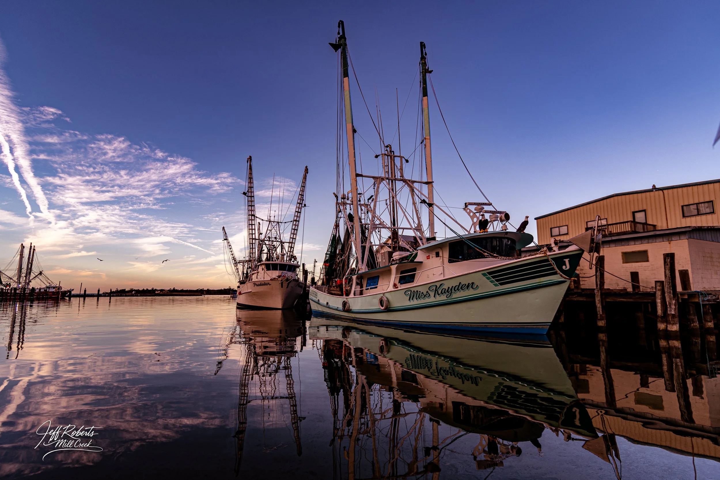 Boats docked at a harbor during sunset with reflected water, industrial buildings nearby, and birds flying in the sky.