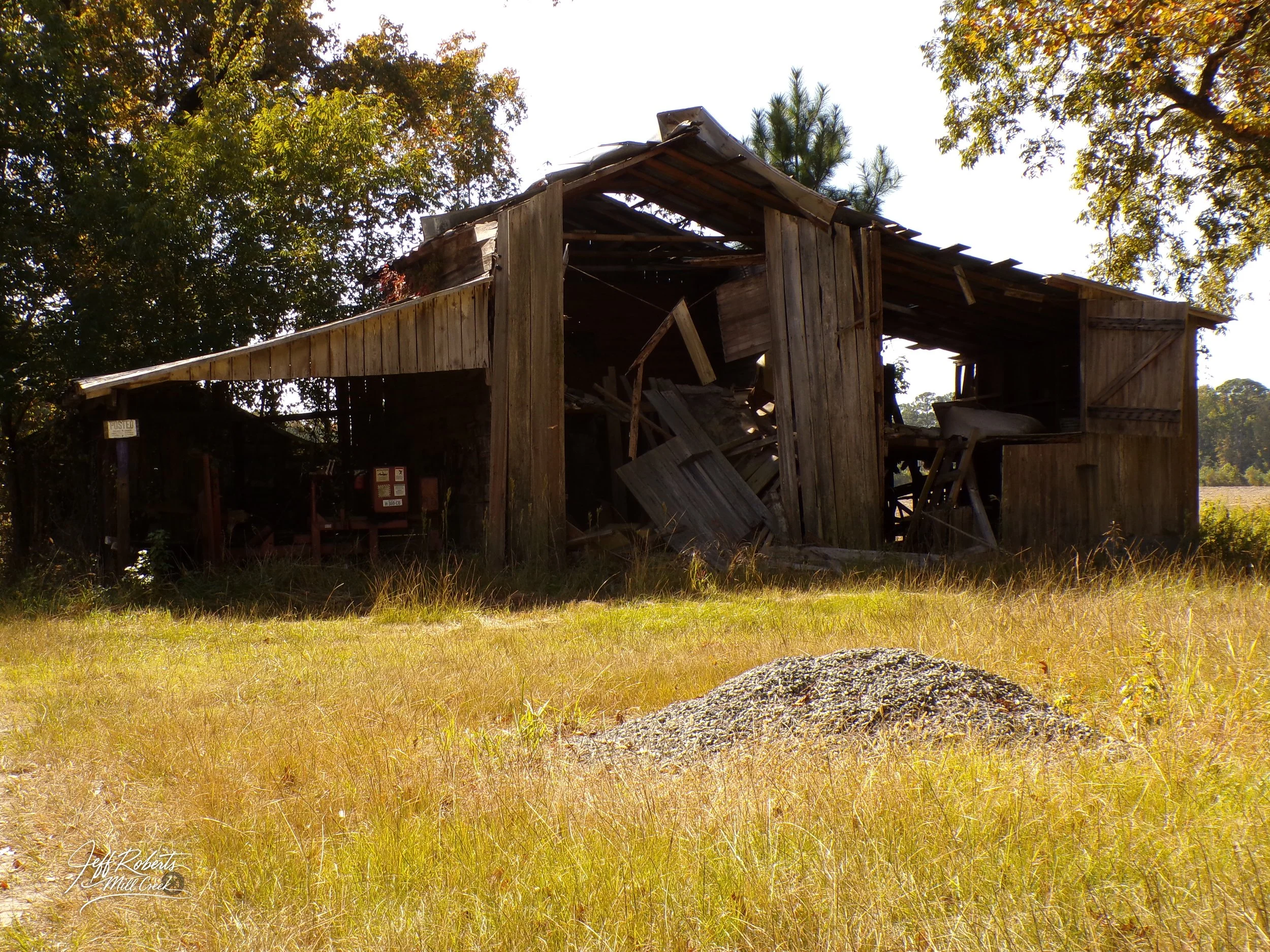 Old, dilapidated wooden barn in a rural setting with tall grass and a large tree in the background.