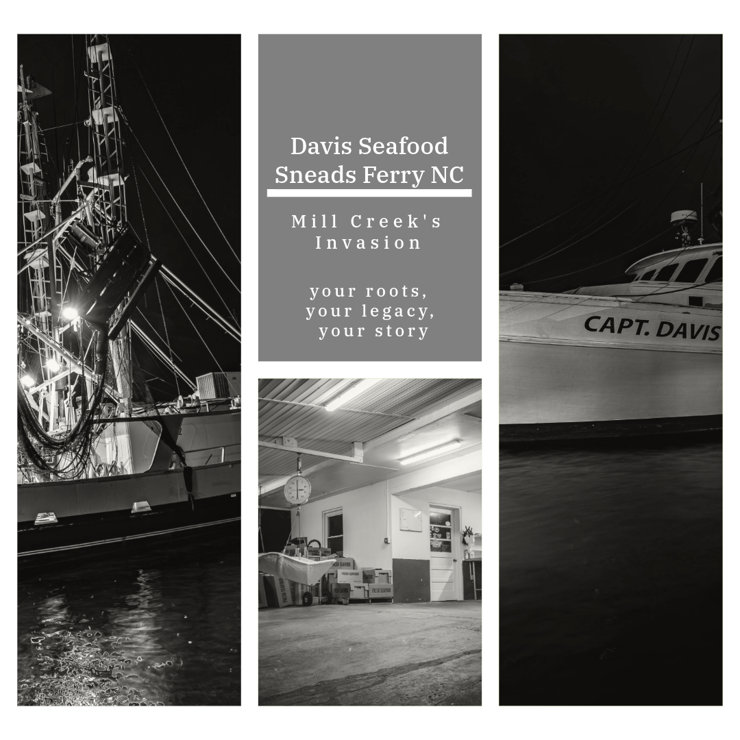 A collage featuring a fishing boat, an indoor storage room, and a yacht docked at night, with text about Davis Seafood and Sneads Ferry NC.