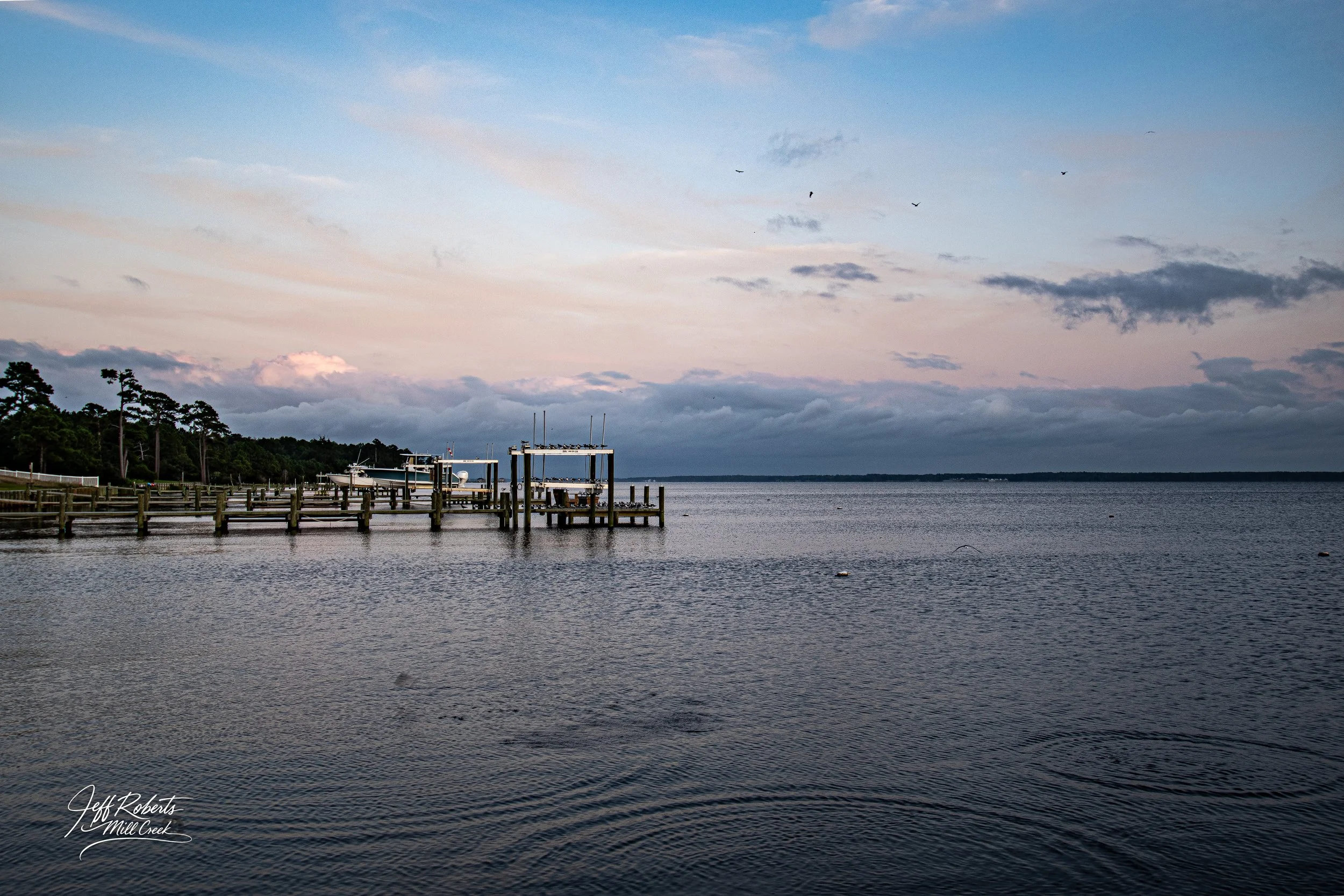 A scenic view of a wooden dock extending into a large body of water during twilight, with a boat moored at the dock, trees on the shoreline, and a sky with soft clouds and a few birds flying overhead.