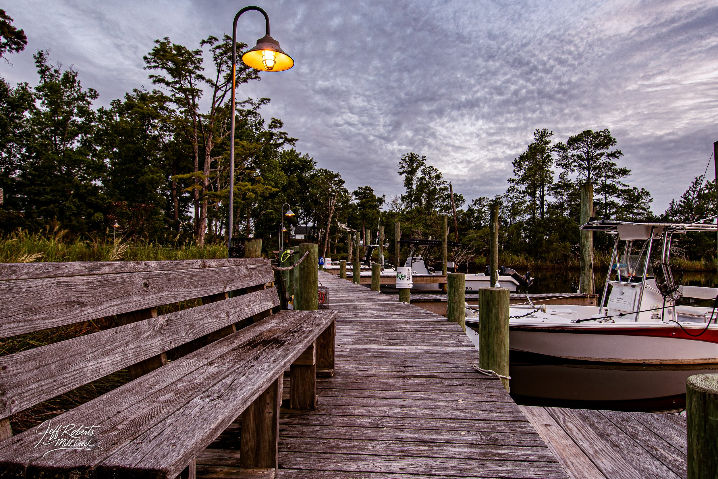 Wooden dock with boats moored on the side, lamps along the dock, and tall trees in the background under a partly cloudy sky during dusk.