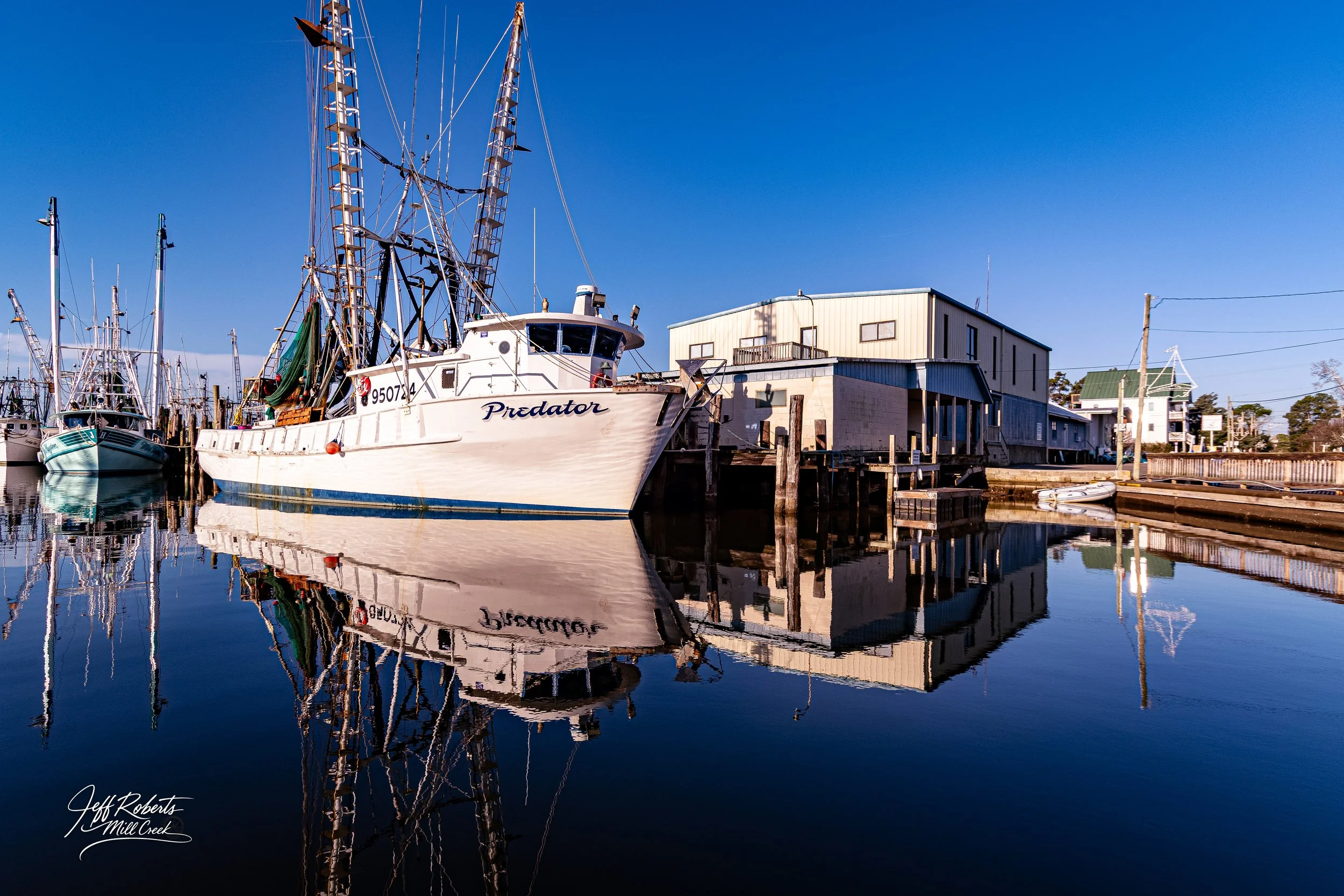 A marina with boats docked along the pier, a large white fishing boat named 'Predator', calm water reflecting the boats and buildings, under a clear blue sky.