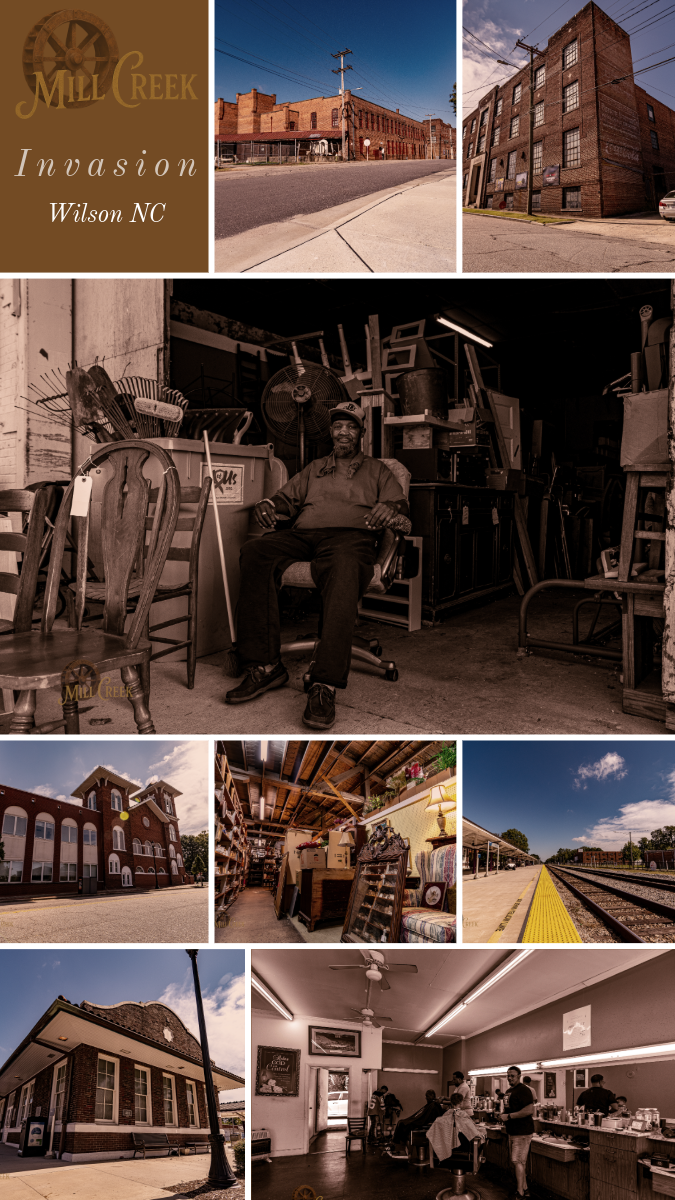 A collage of images from Mill Creek in Wilson, North Carolina, including streets, historic buildings, a furniture store with a man sitting inside, a church, a thrift store interior, a train station platform, a historic storefront, and a local restaurant interior.