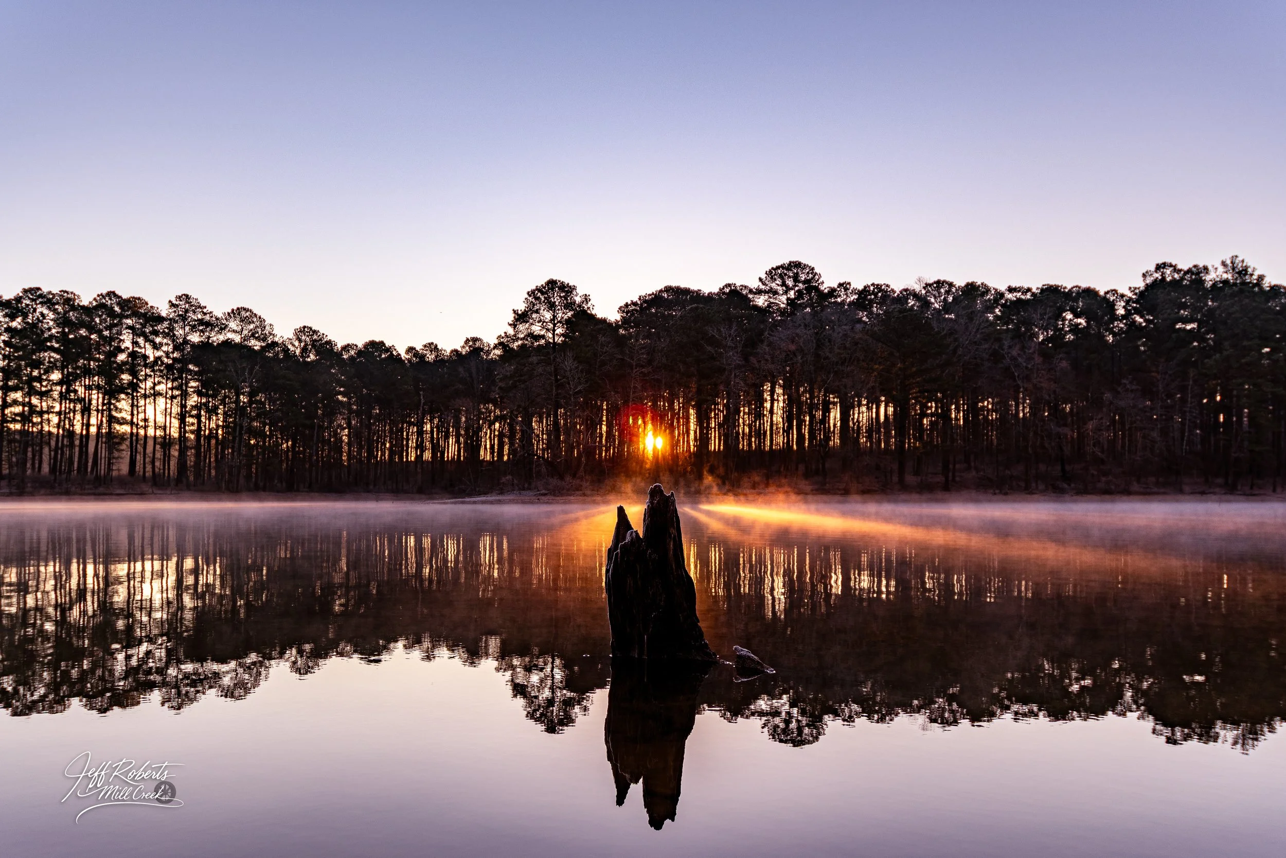 Sunrise over a calm lake with a tree stump in the foreground and a line of trees in the background, reflected in the water.