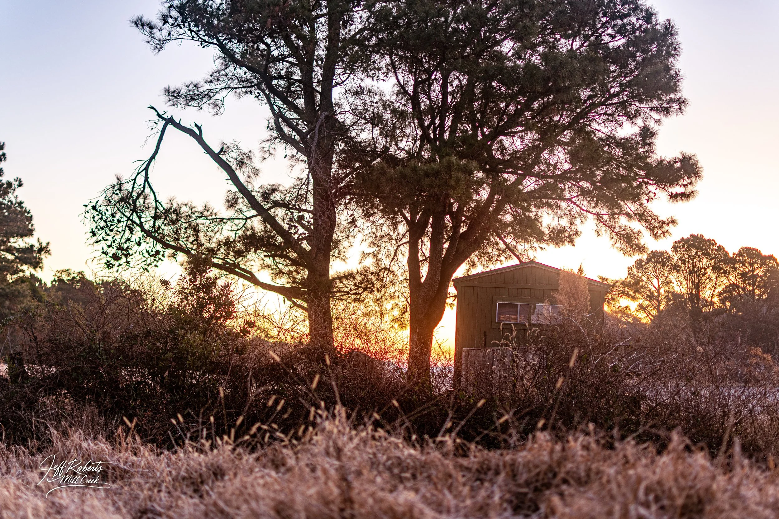 Sunset over a rural landscape with trees and a small wooden house surrounded by dry grass and bushes.