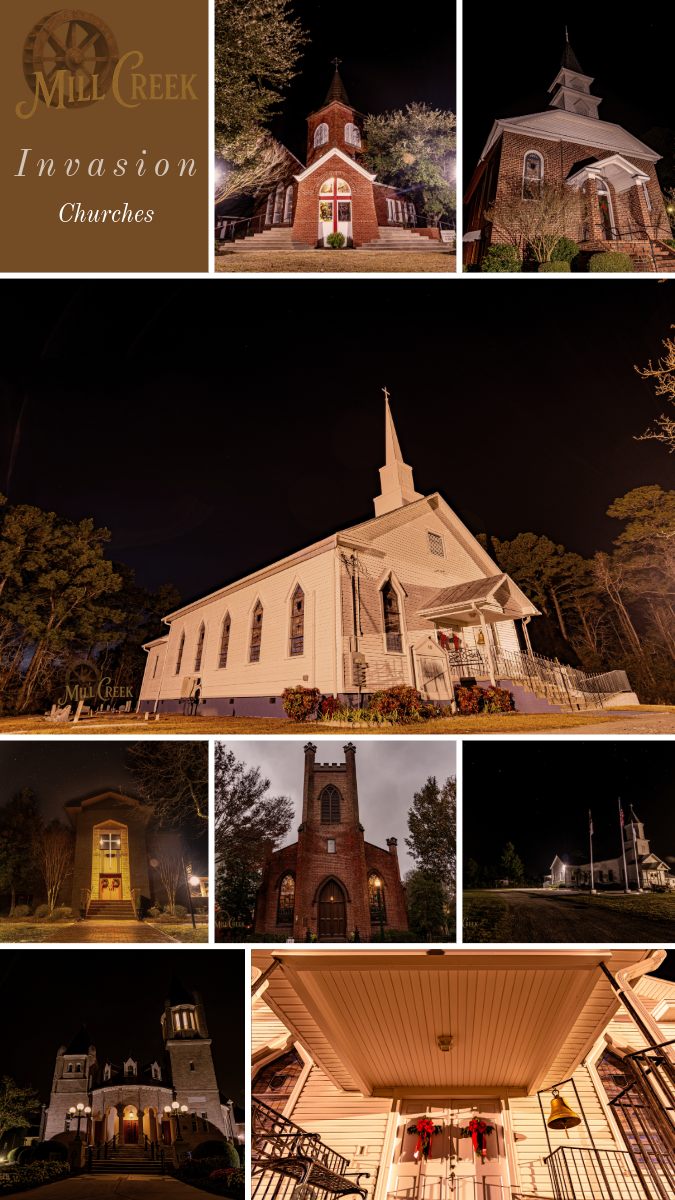 Nighttime collage of various churches, including a white church with a tall steeple, a smaller brick church, and a historic castle-like church, promoting the Mill Creek invasion of churches.