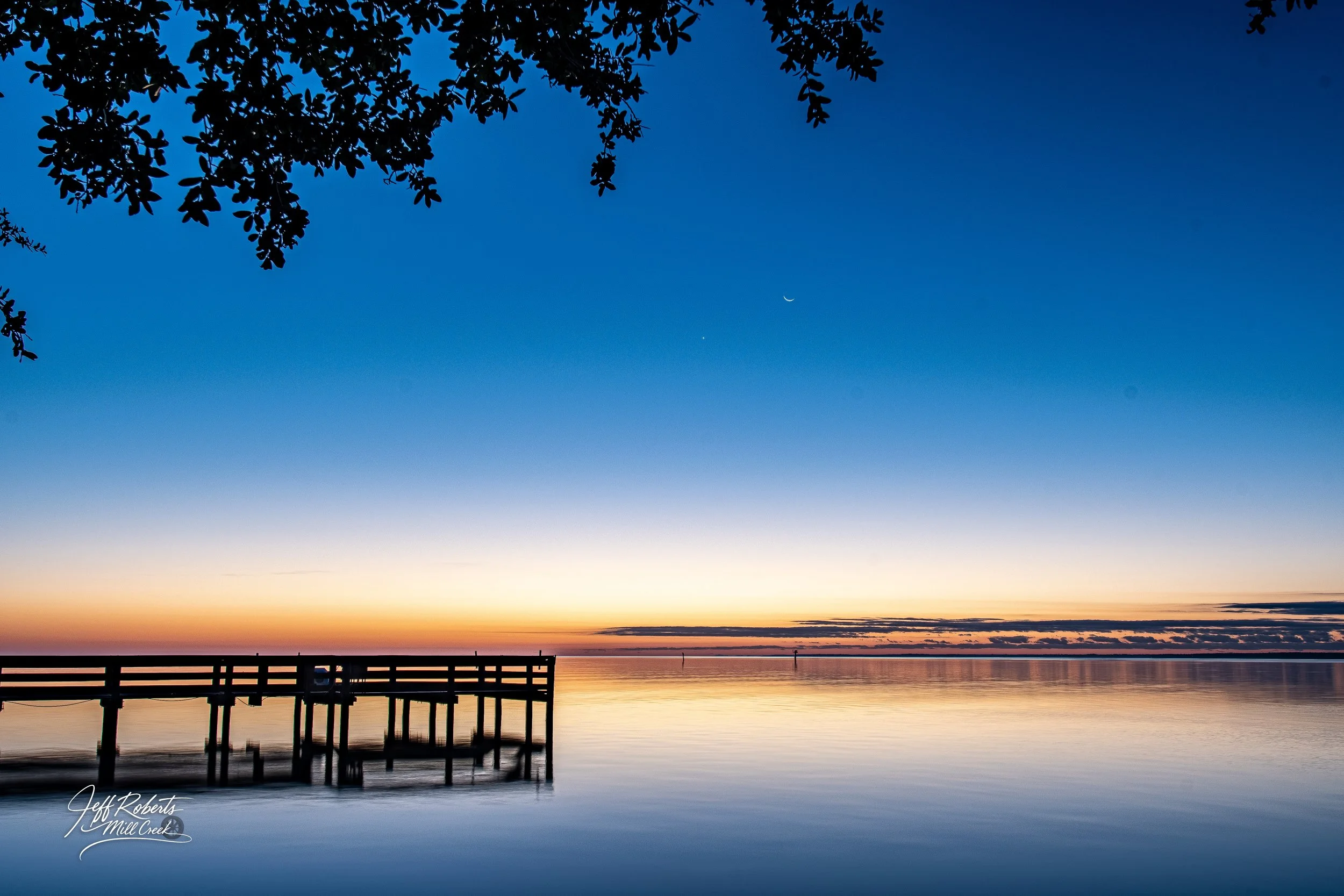 A pier extending into calm water at sunset or sunrise, with a tree branch hanging overhead and a crescent moon in the sky.