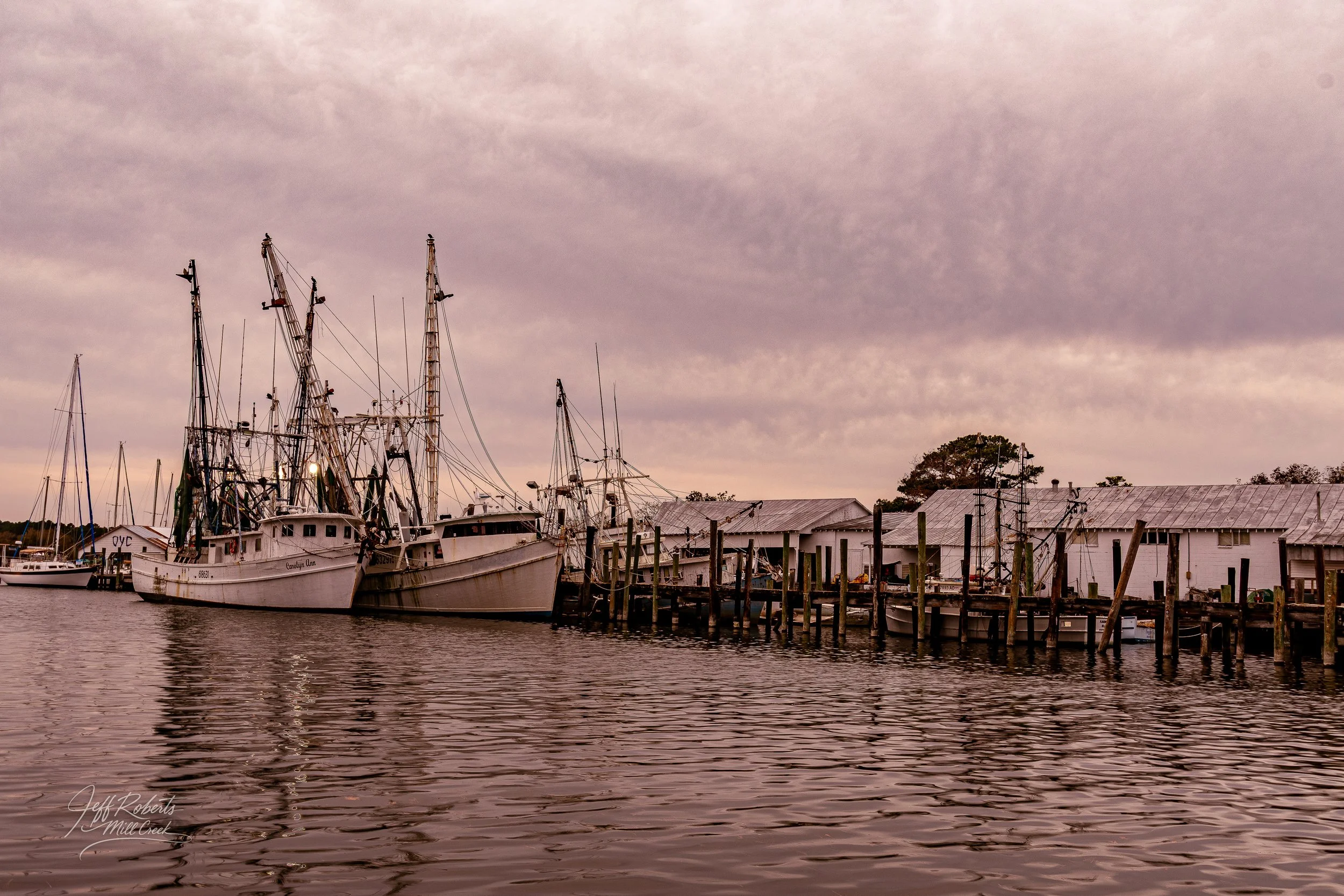 A marina with several fishing boats docked along wooden piers, white warehouse buildings in the background, and a pinkish-purple cloudy sky.