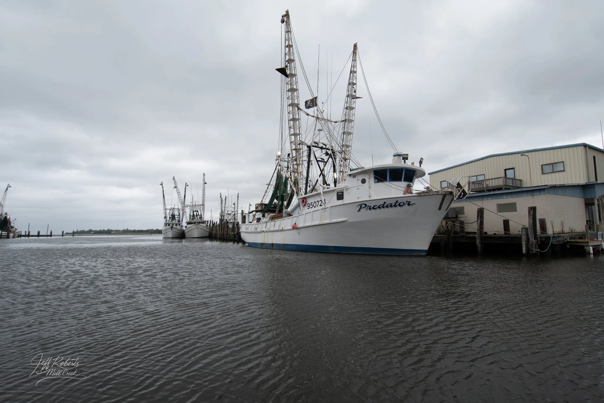 A fishing boat named 'Predator' docked at a marina, with several other boats in the background on a cloudy day.