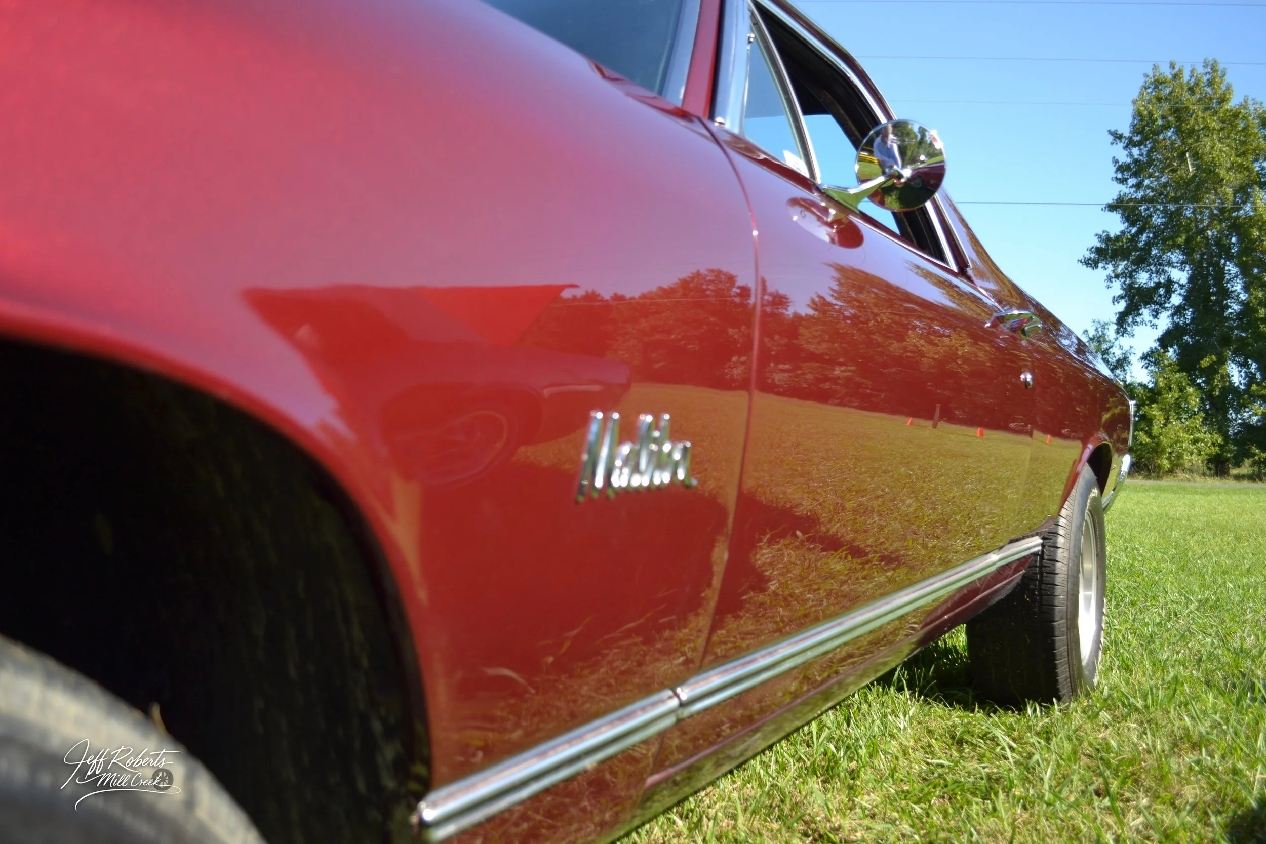 Close-up of a red classic car with the 'Italia' badge, parked on grass, with trees and a clear blue sky in the background.