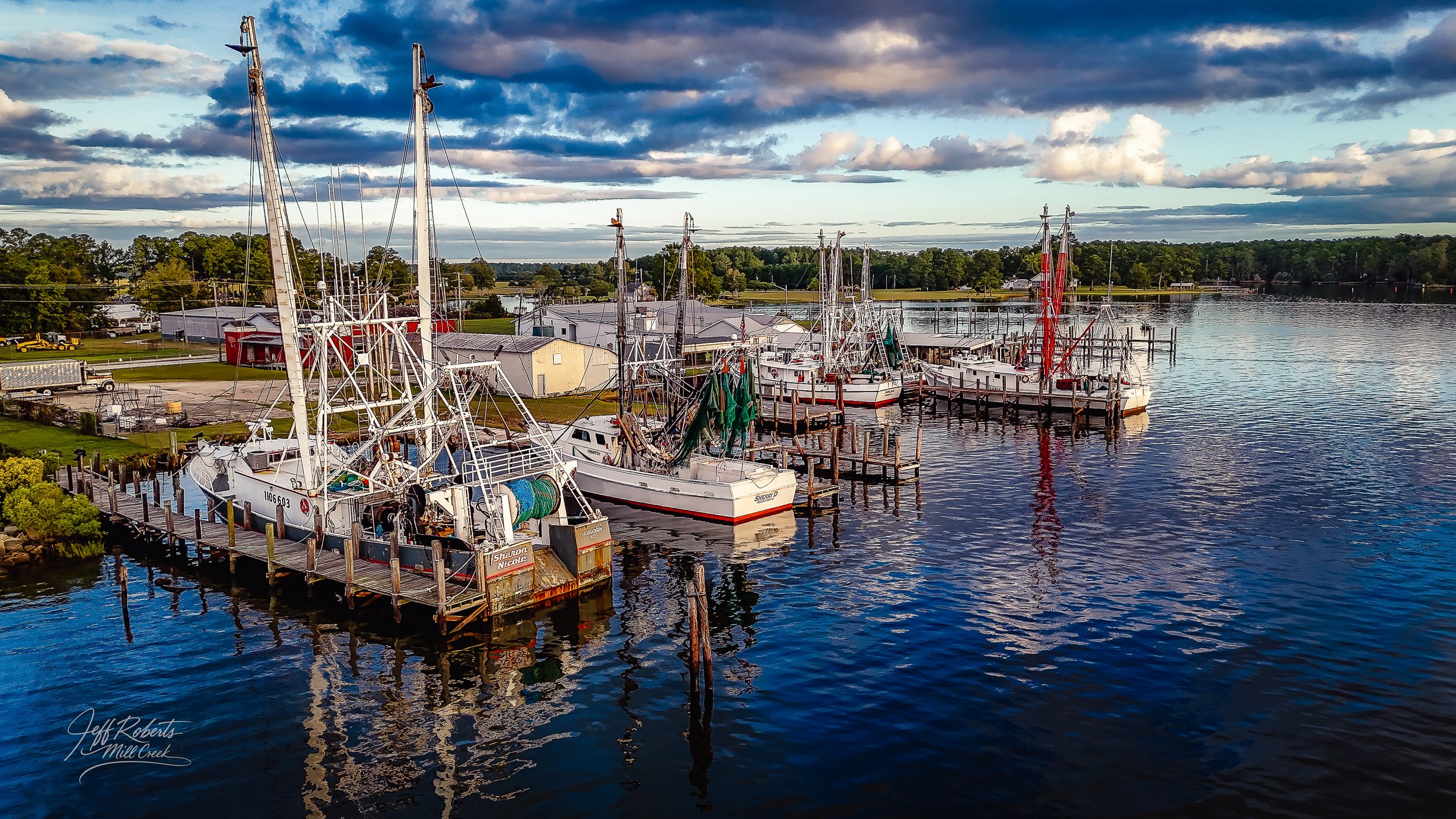 A dock with several sailboats tied to it on a body of water, with a cloudy sky overhead and green trees in the background.