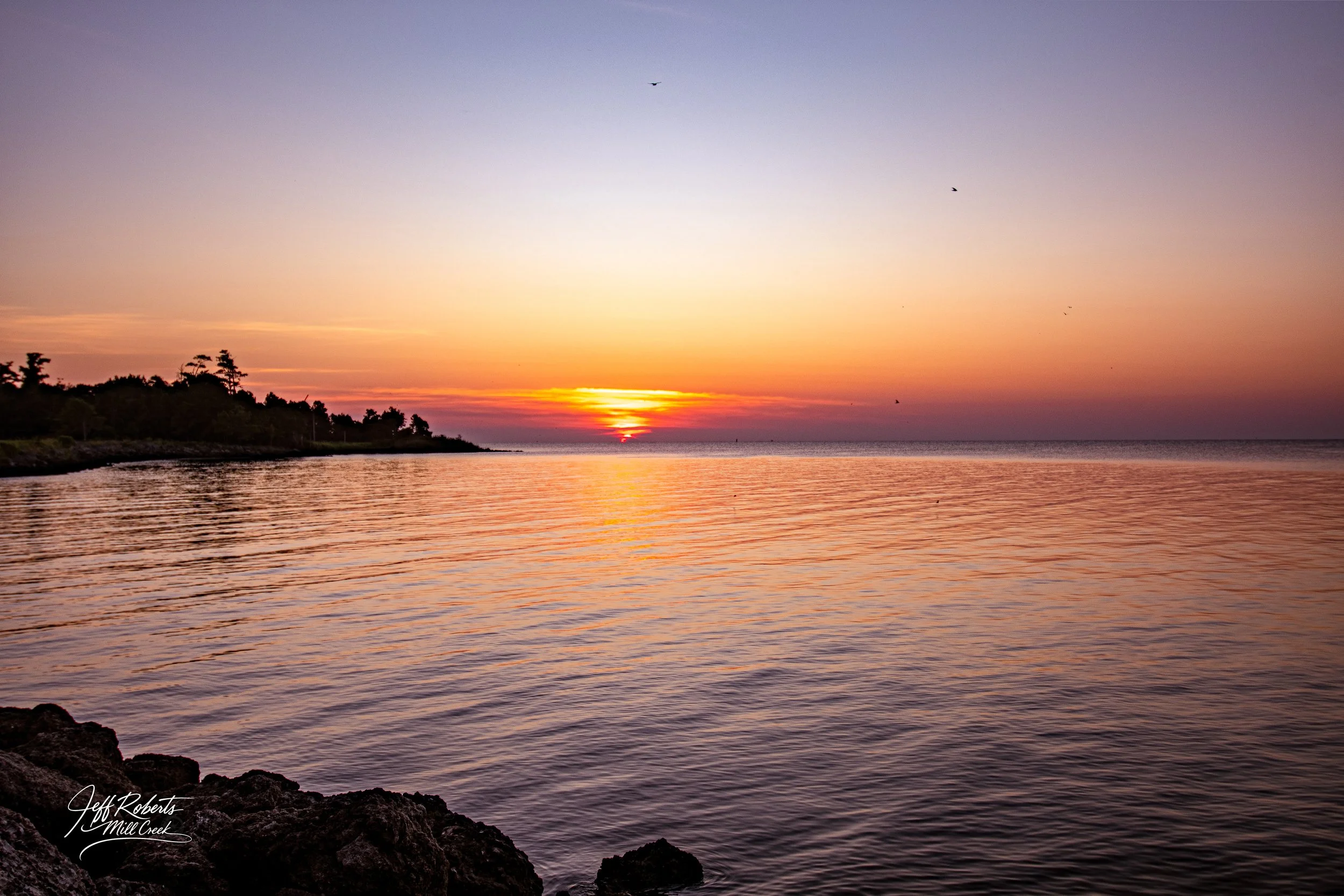 Sunset over the ocean with a colorful sky, calm water, and a rocky shoreline in the foreground. Silhouettes of trees can be seen on the left side.