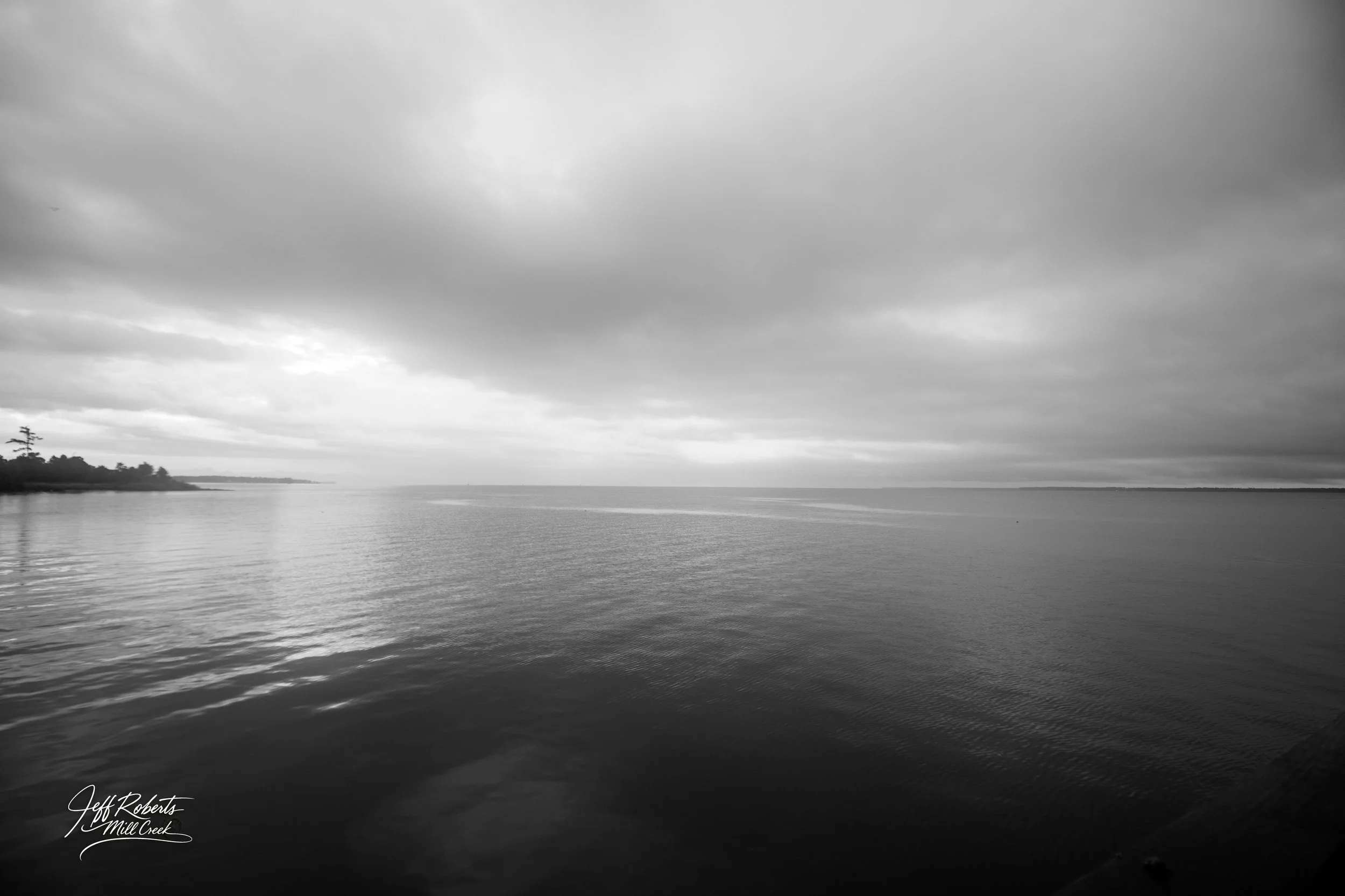 Black and white photo of a calm body of water with a tree-lined shoreline on the left and overcast sky above.