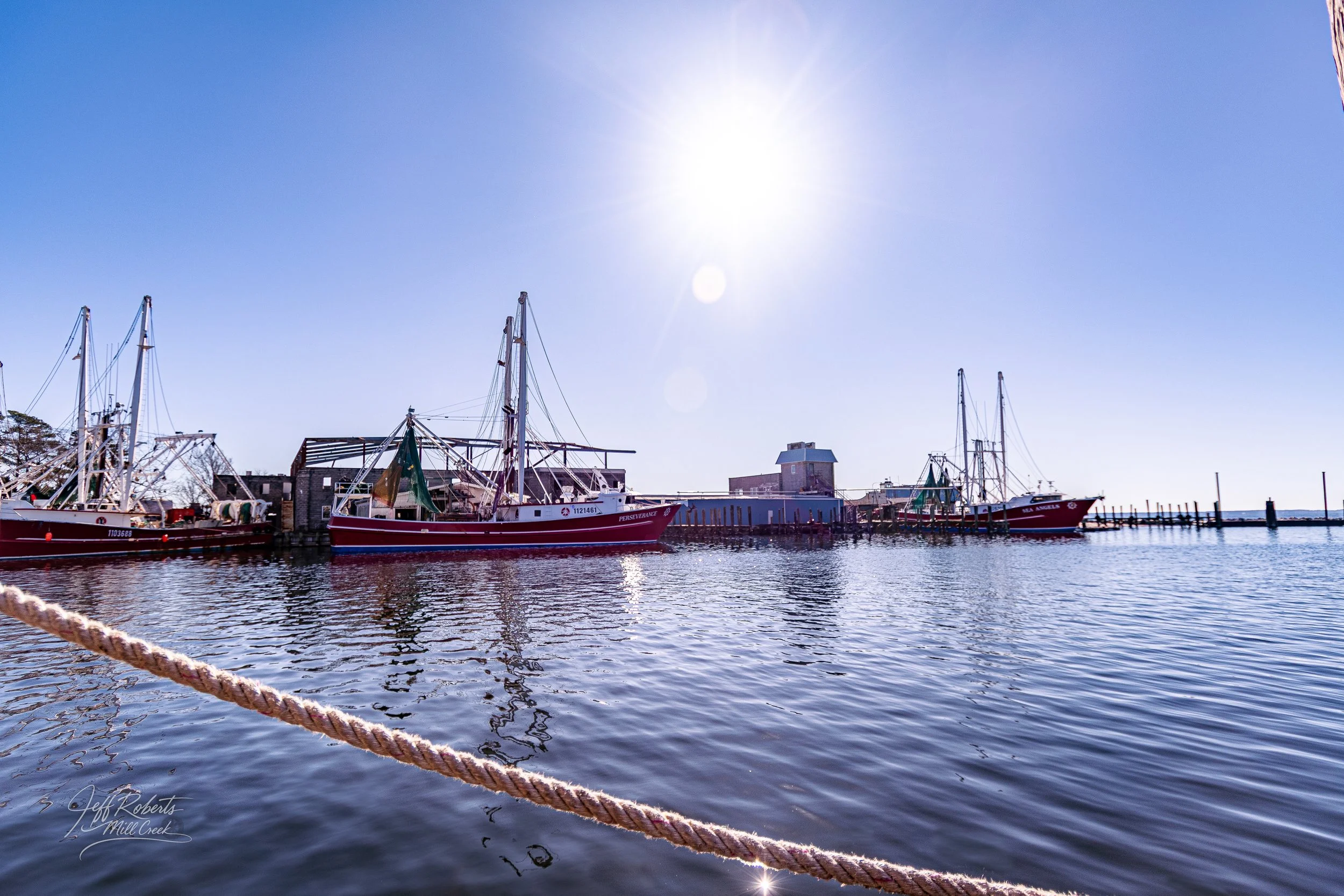 Boats docked at a harbor on a sunny day with calm water and a clear blue sky.