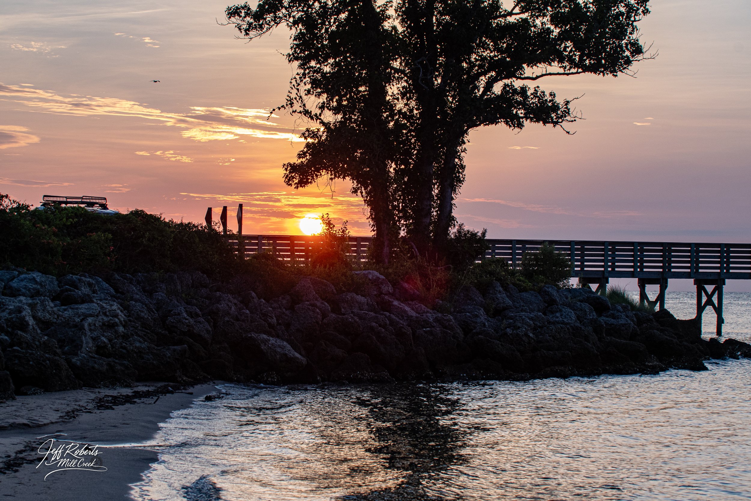 Sunset over the water with a large tree, a rocky shoreline, a wooden pier, and a safety barrier, reflected in the water.