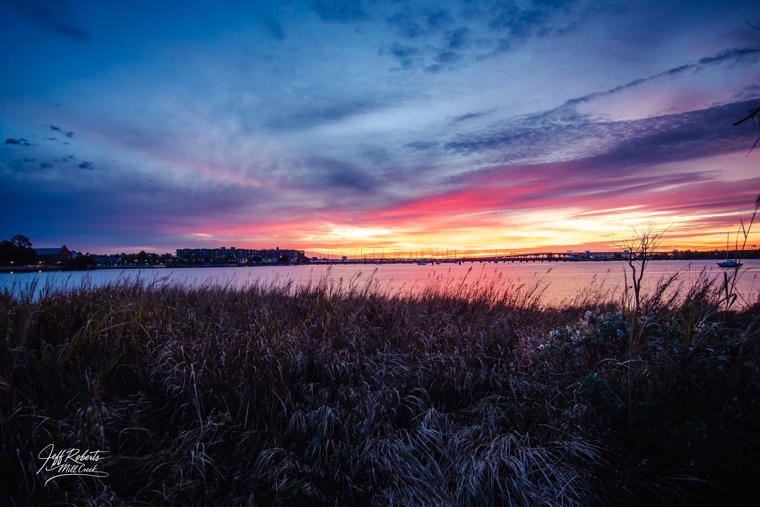 Sunset over a body of water with a colorful sky, silhouetted buildings and a bridge in the distance, tall grasses in the foreground.