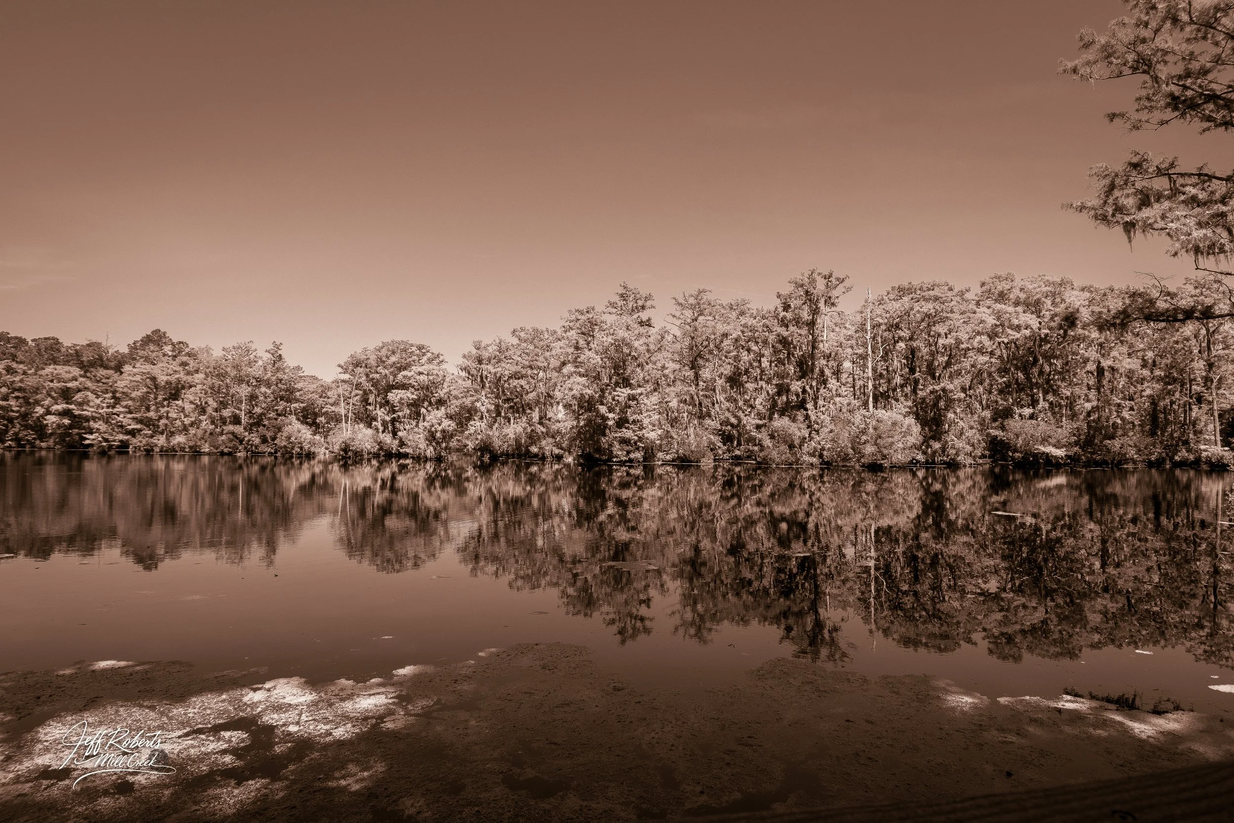A sepia-toned photo of a river with trees lining the banks, their reflection visible in the water.