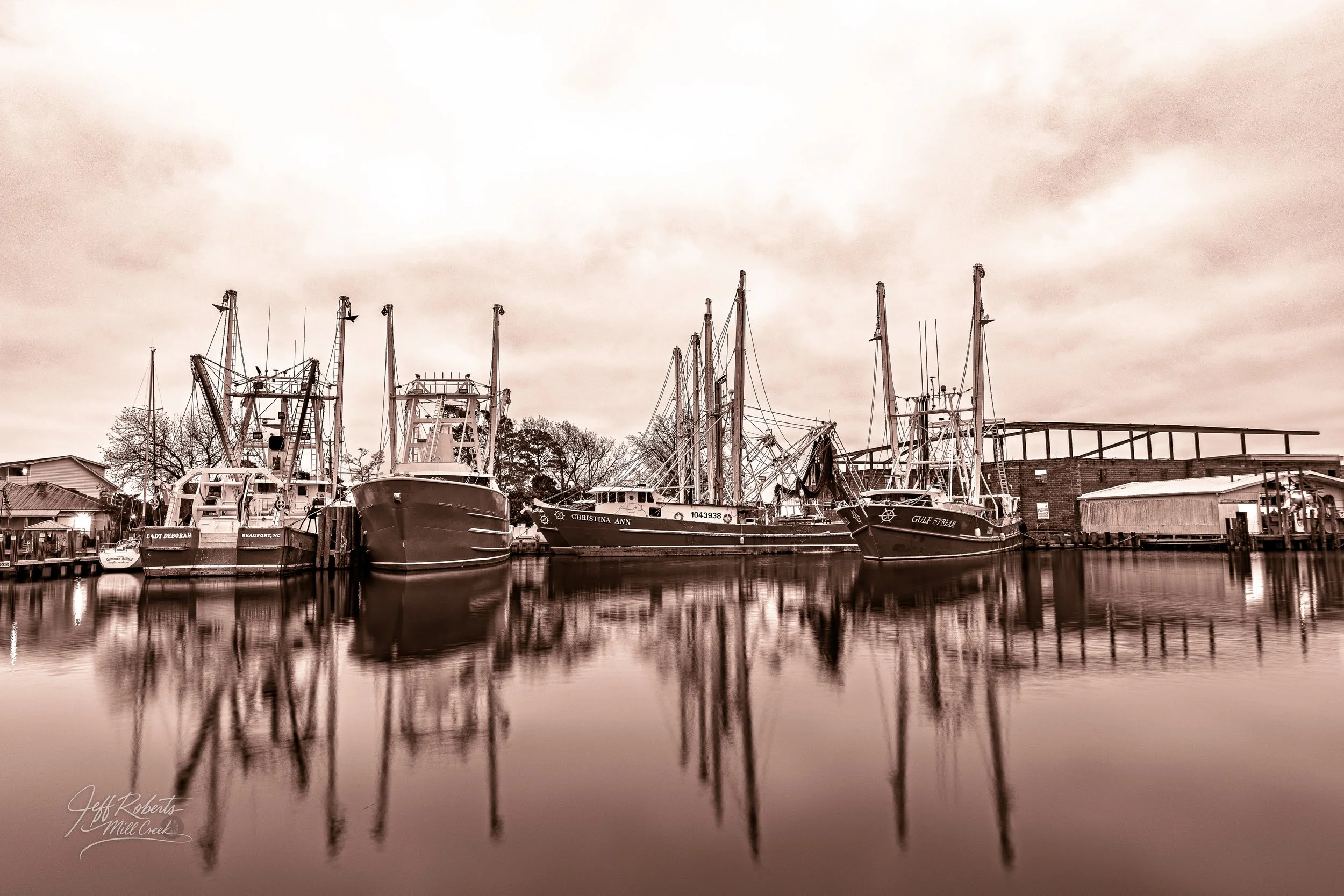 Several boats docked at a marina with reflected water and a cloudy sky.
