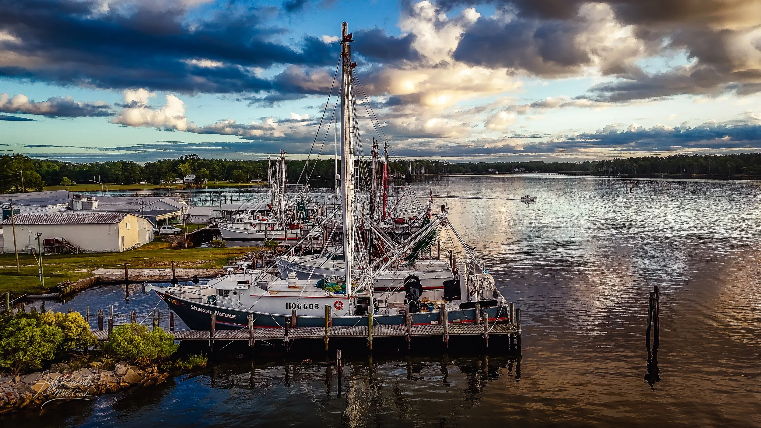 Boats docked at a pier on a calm body of water, with buildings and trees in the background and a partly cloudy sky overhead.