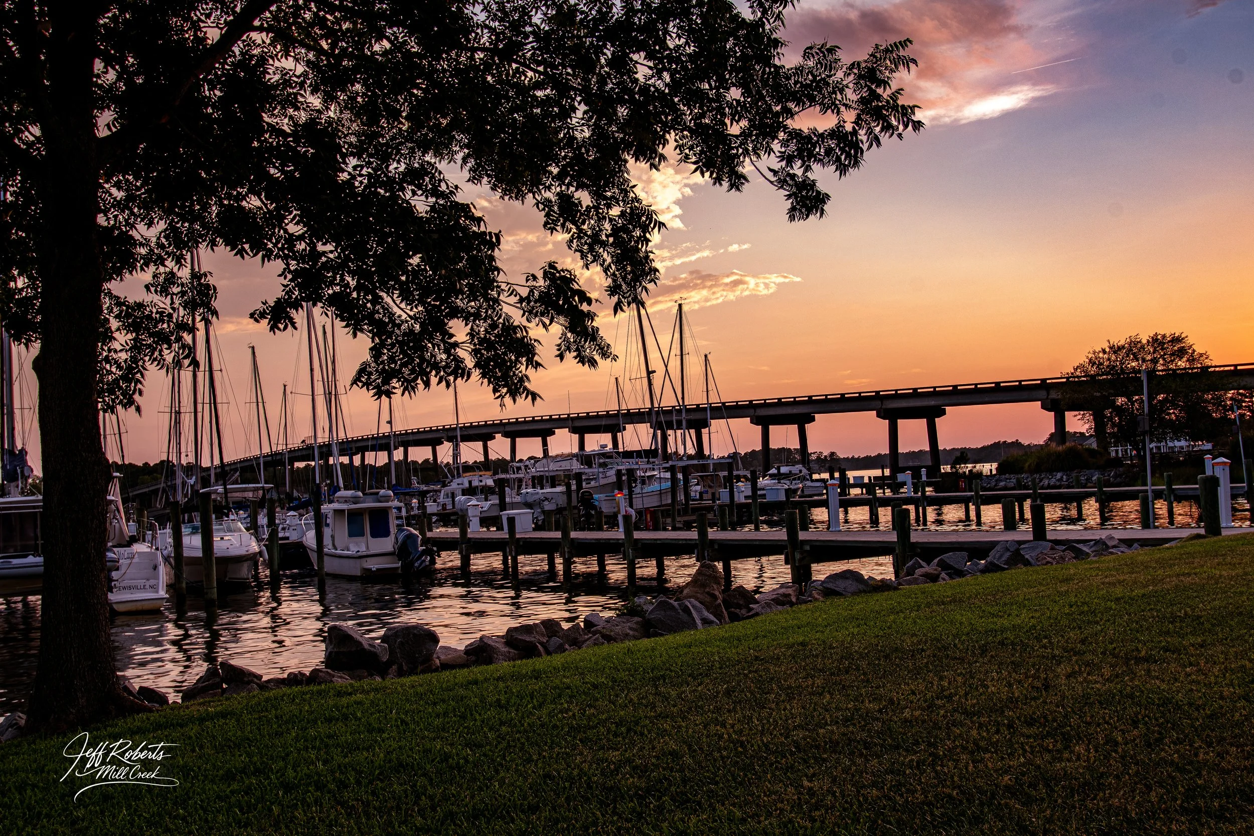 Sunset view of a marina with sailboats docked along the pier, a bridge in the background, trees and grass in the foreground.