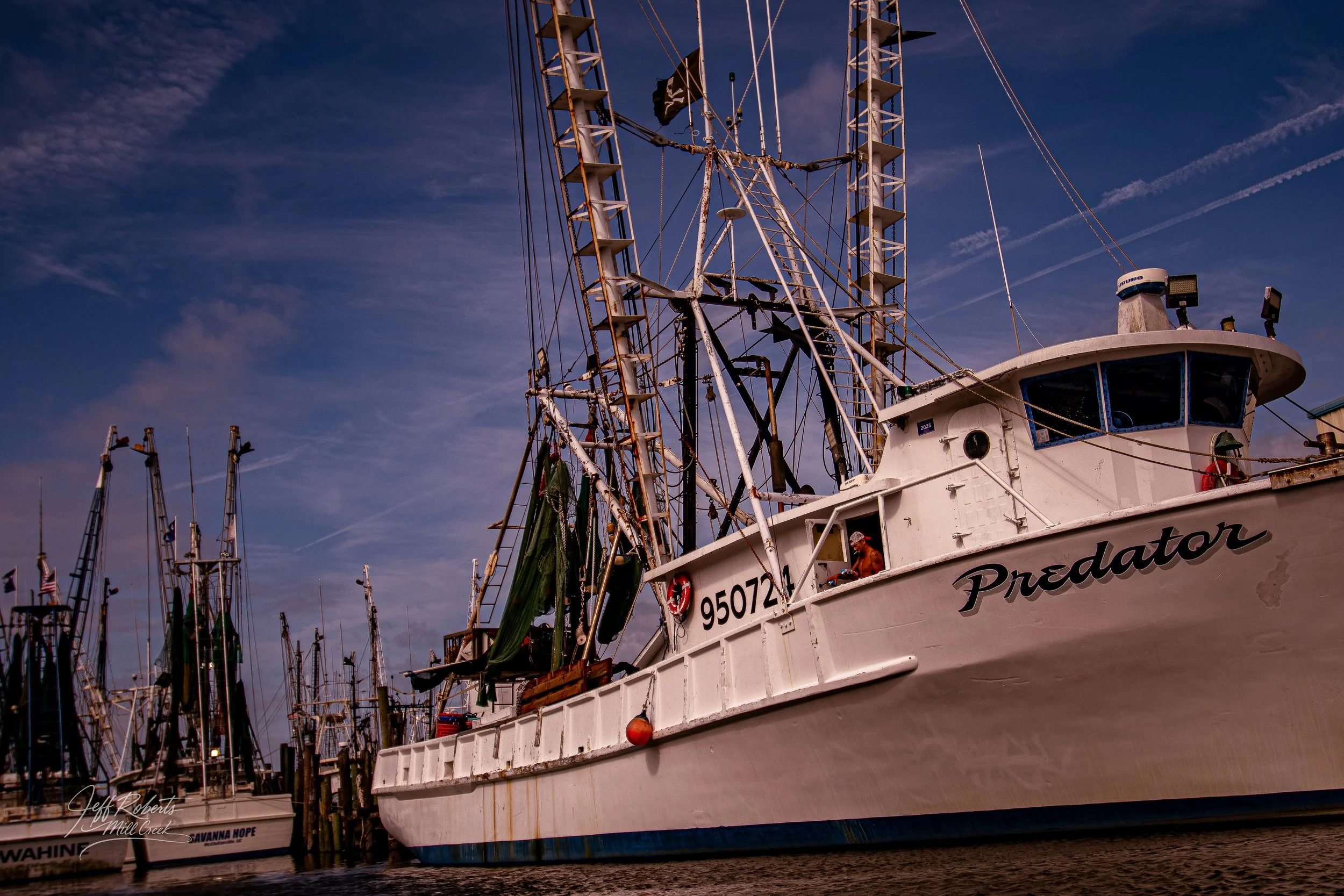 A white fishing boat named 'Predator' docked at a marina with other boats in the background and a blue sky overhead.