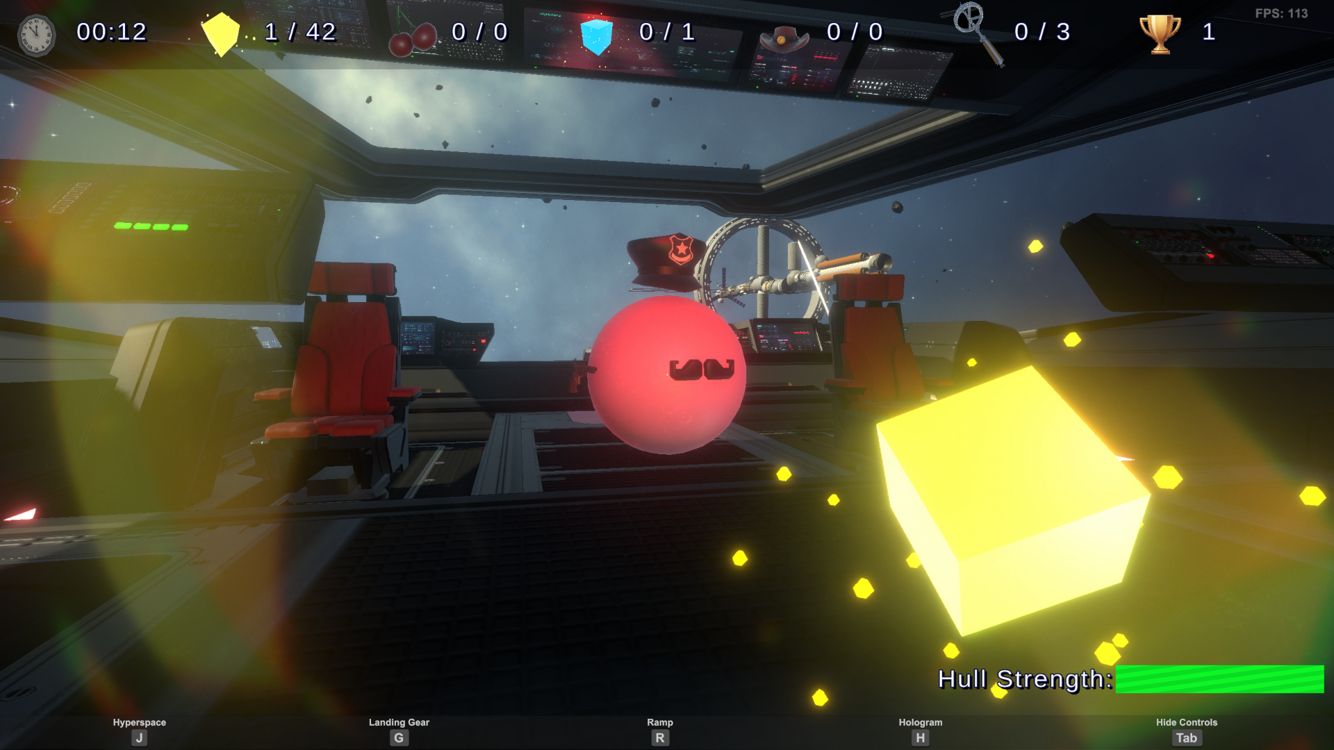 Inside a spaceship cockpit, with a pink sphere with the number 3, red chairs, and various control panels and monitors, with space visible outside through the window.