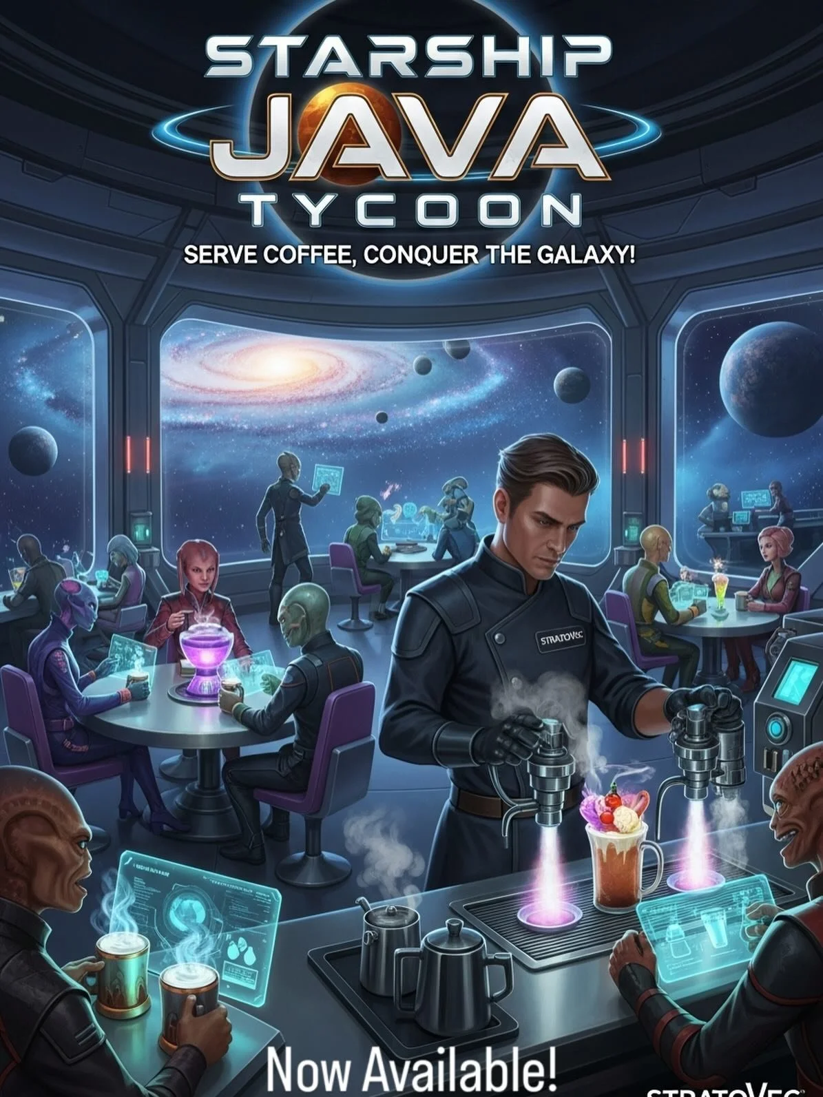 StratoVec is proud to announce the release of our first PC game, Starship Java Tycoon! Serve Coffee, Conquer the Galaxy! 

Your own interstellar coffee stand. Brew exotic drinks, serve diverse alien clientele, and become the galaxy&rsquo;s greatest b