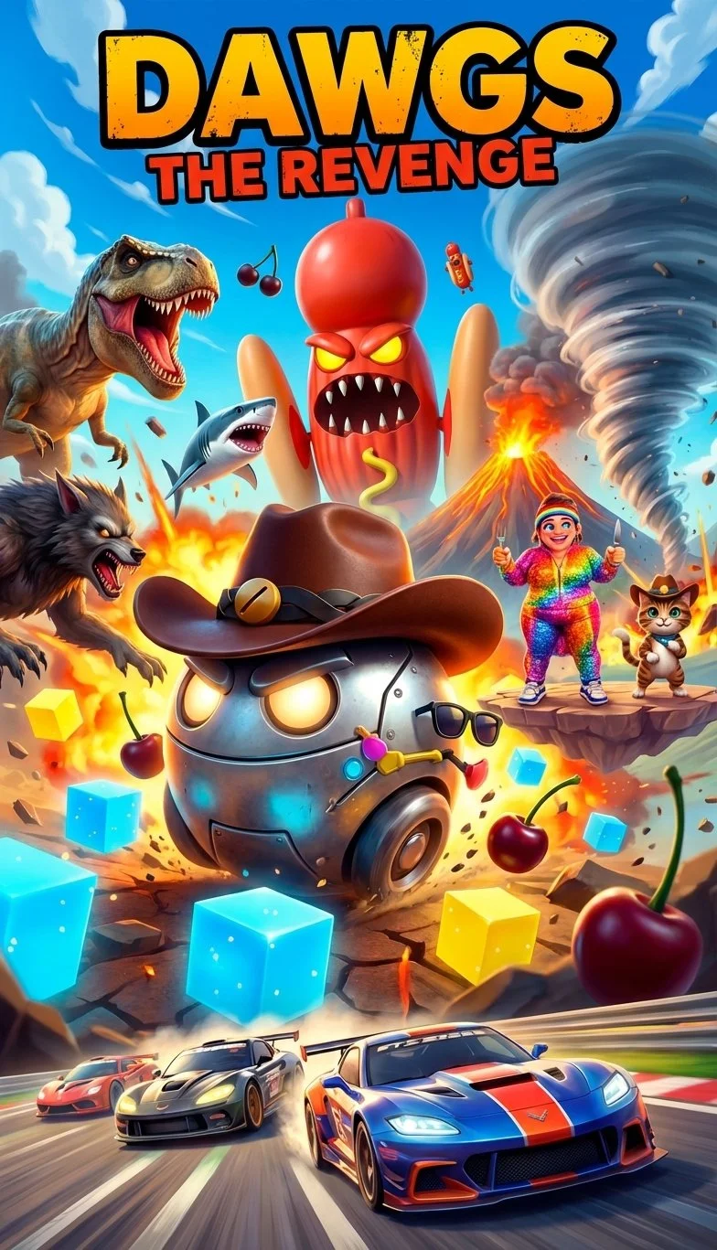 Colorful animated poster for 'Dawgs: The Revenge' featuring a cartoon dog with a giant red onion head, angry glowing eyes, surrounded by dinosaurs, sharks, wolves, lava volcanoes, a flying bomb, children, cats, and race cars on a track.