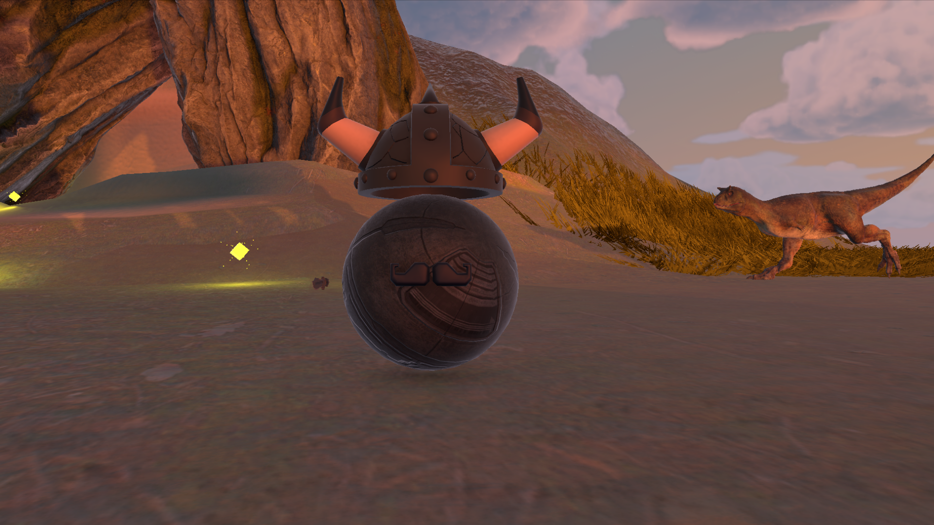 A robotic creature with a round, dark body, wearing a horned helmet, stands on a rocky terrain with a dinosaur in the background and a mountainous landscape under a cloudy sky.