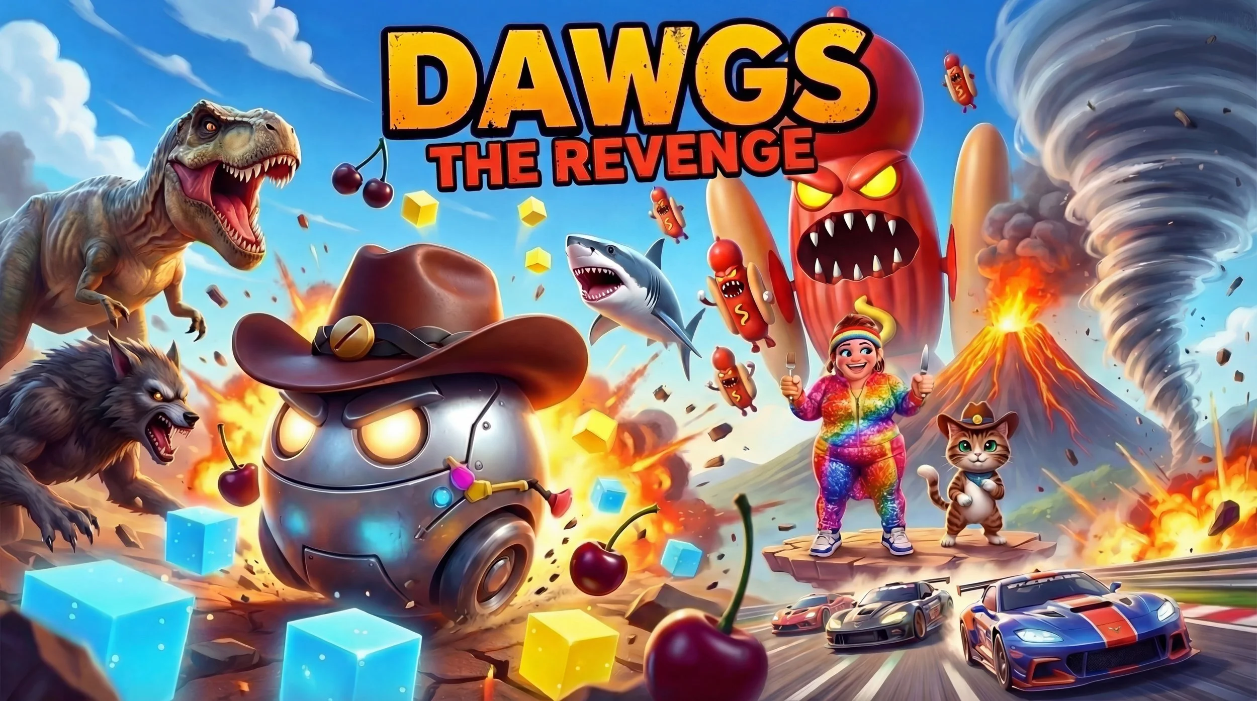 Video game cover art for 'Dawgs: The Revenge' featuring cartoon dog characters, a robot wearing a cowboy hat, large monsters, a volcano with lava, racing cars, a smiling girl with rainbow-colored clothing, a cat, flying missiles, sharks, cherries, and game elements.