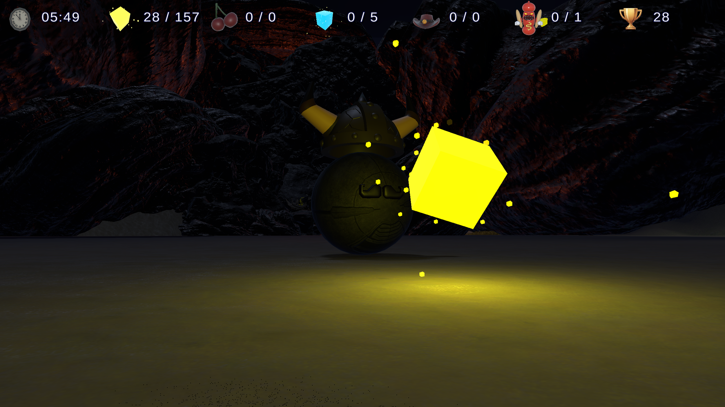 A scene from a video game with a dark cave background, featuring a large black spherical robot with a smooth surface and glasses face, one of which is cracked. The robot is above a yellow glowing platform with yellow cubes and sparks around it. The game interface displays various icons, counters, and a timer at the top of the screen.