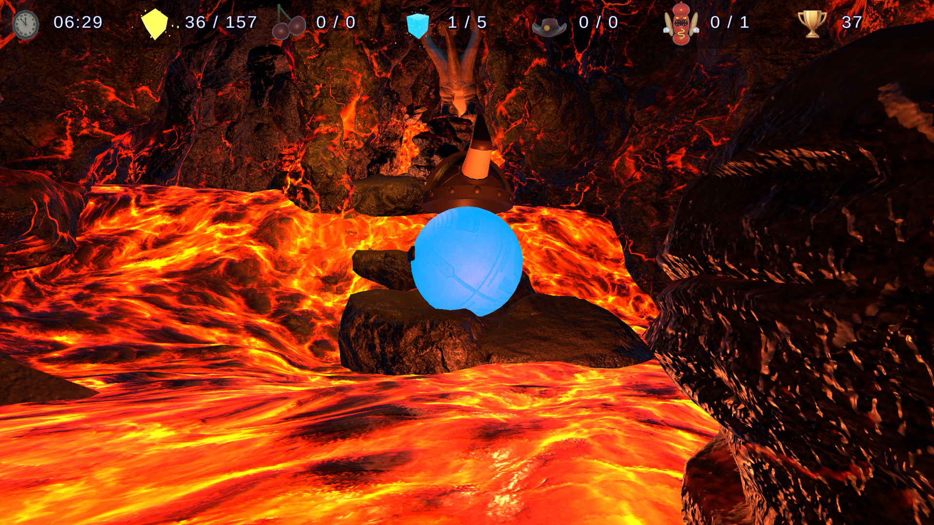 Video game scene of a volcanic environment with flowing lava, rocks, and a blue spherical object in the center, with a cartoonish lava god head above.