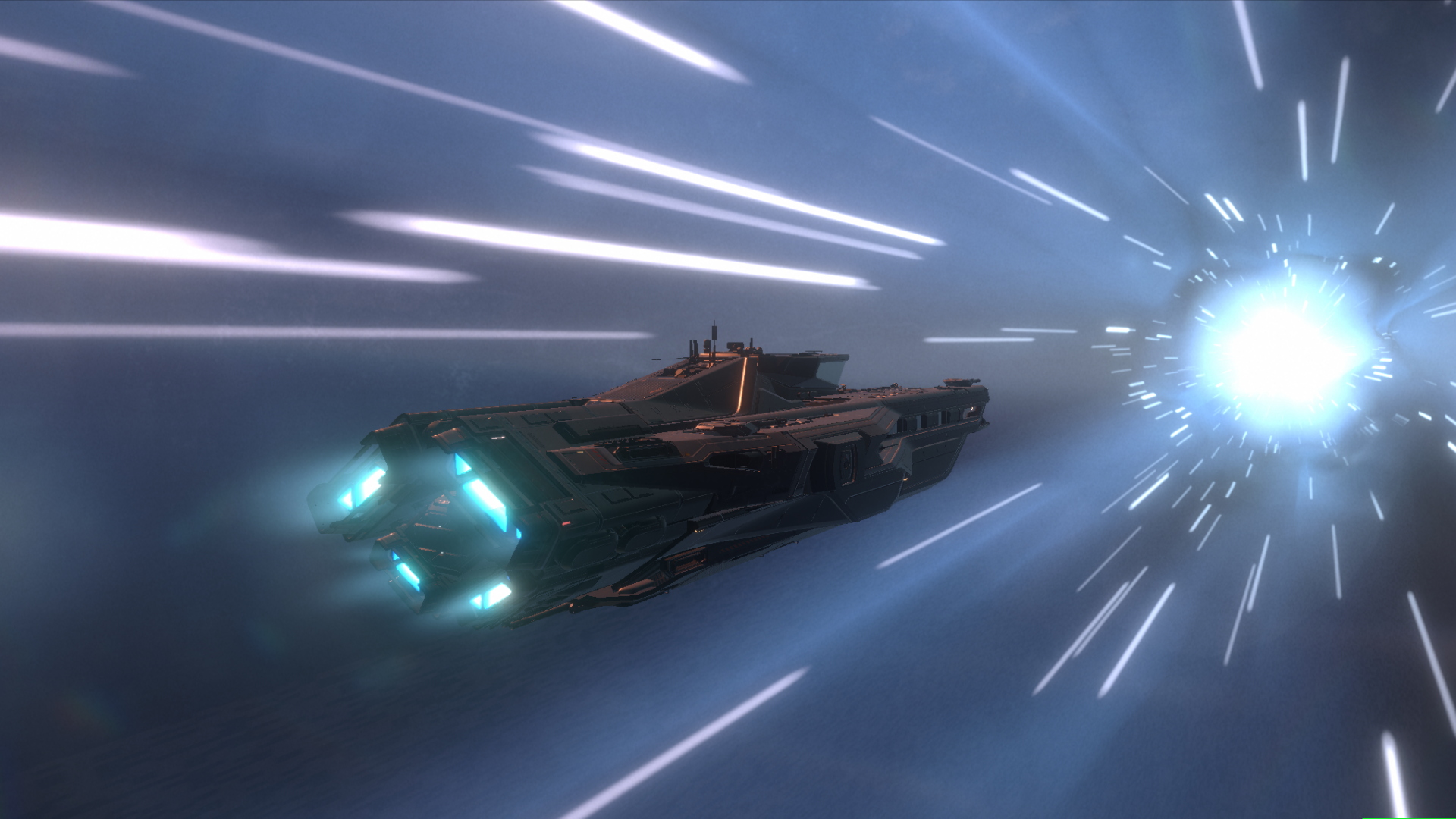 A spaceship traveling through space at high speed with star trails and a bright bright light in the distance.