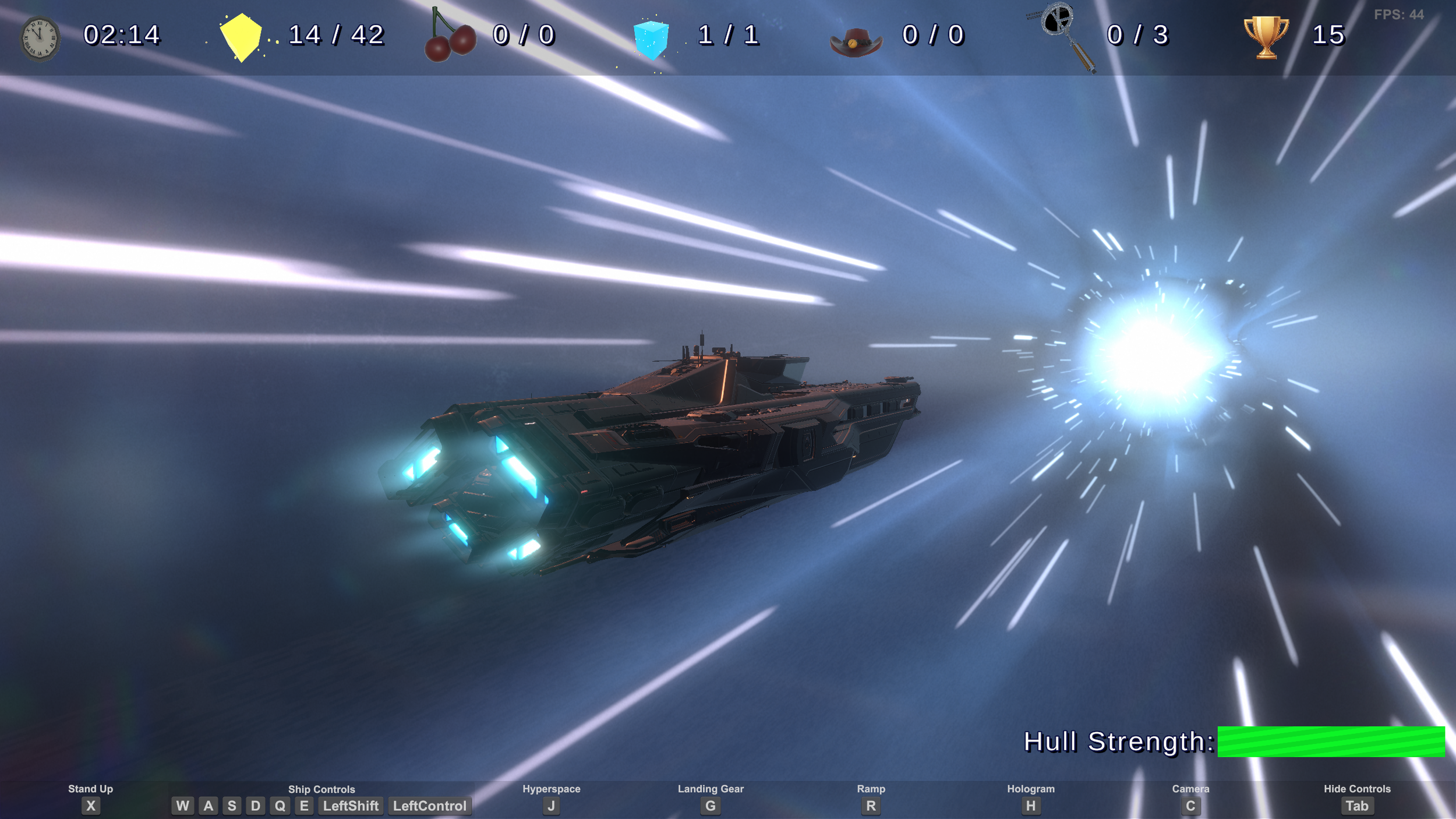 Screenshot from a space-themed video game showing a spaceship flying through a colorful, streaked nebula with a bright explosion or light source to the right. Game interface elements display mission progress, controls, and hull strength.